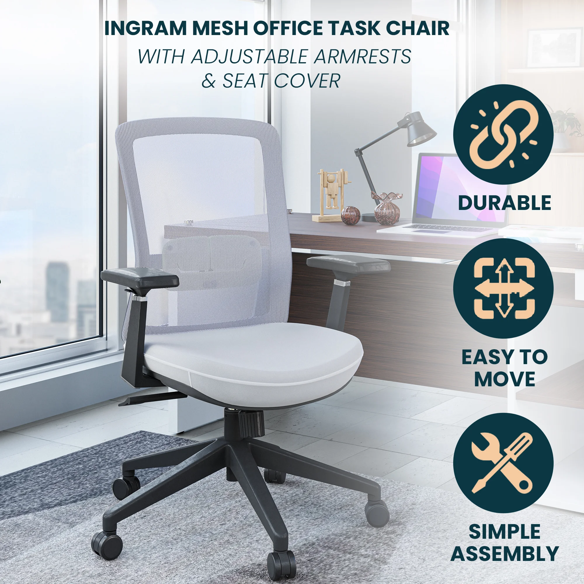 Ingram Office Chair with Seat Cover, White/White