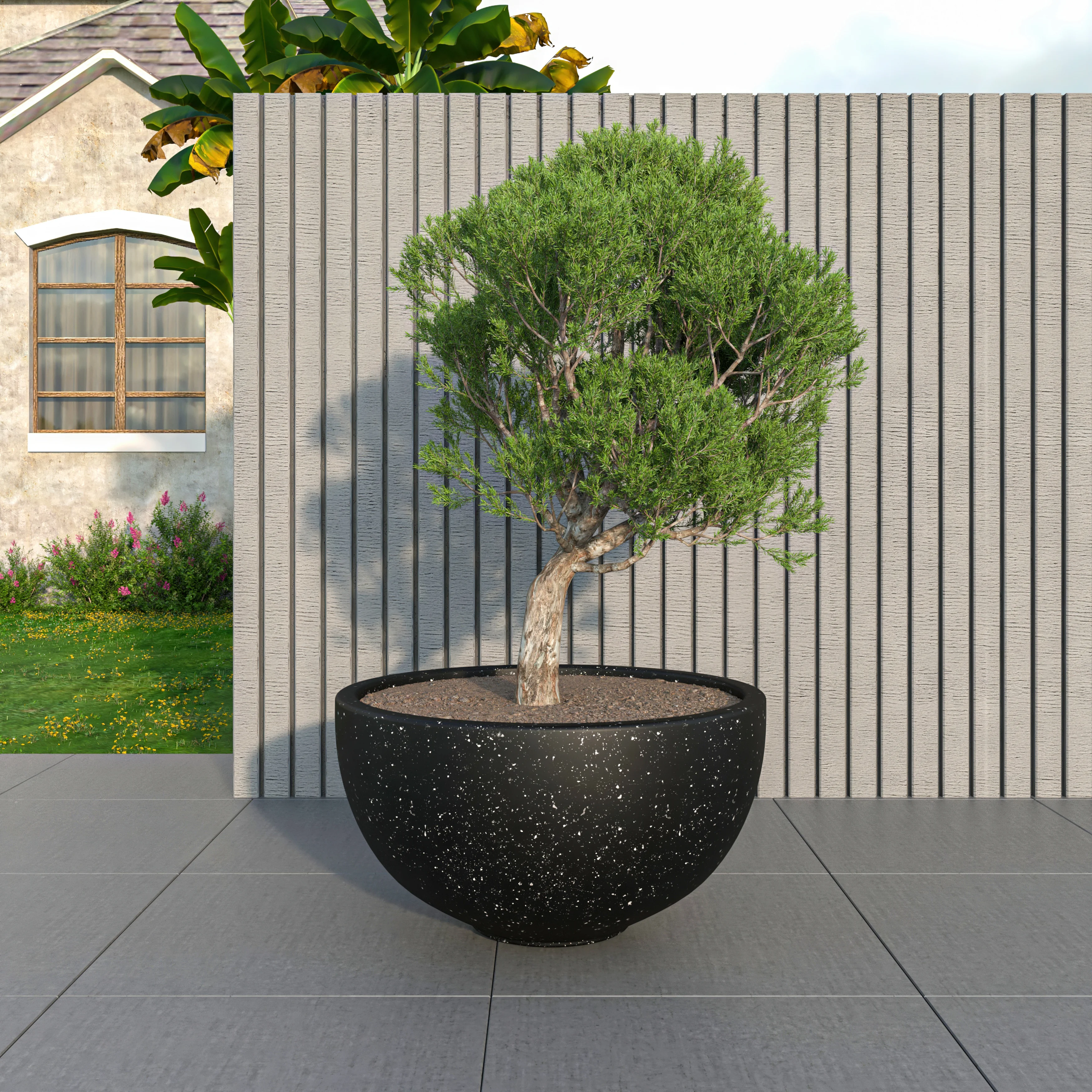 Iris Fiberstone Planter in Black 12 Dia