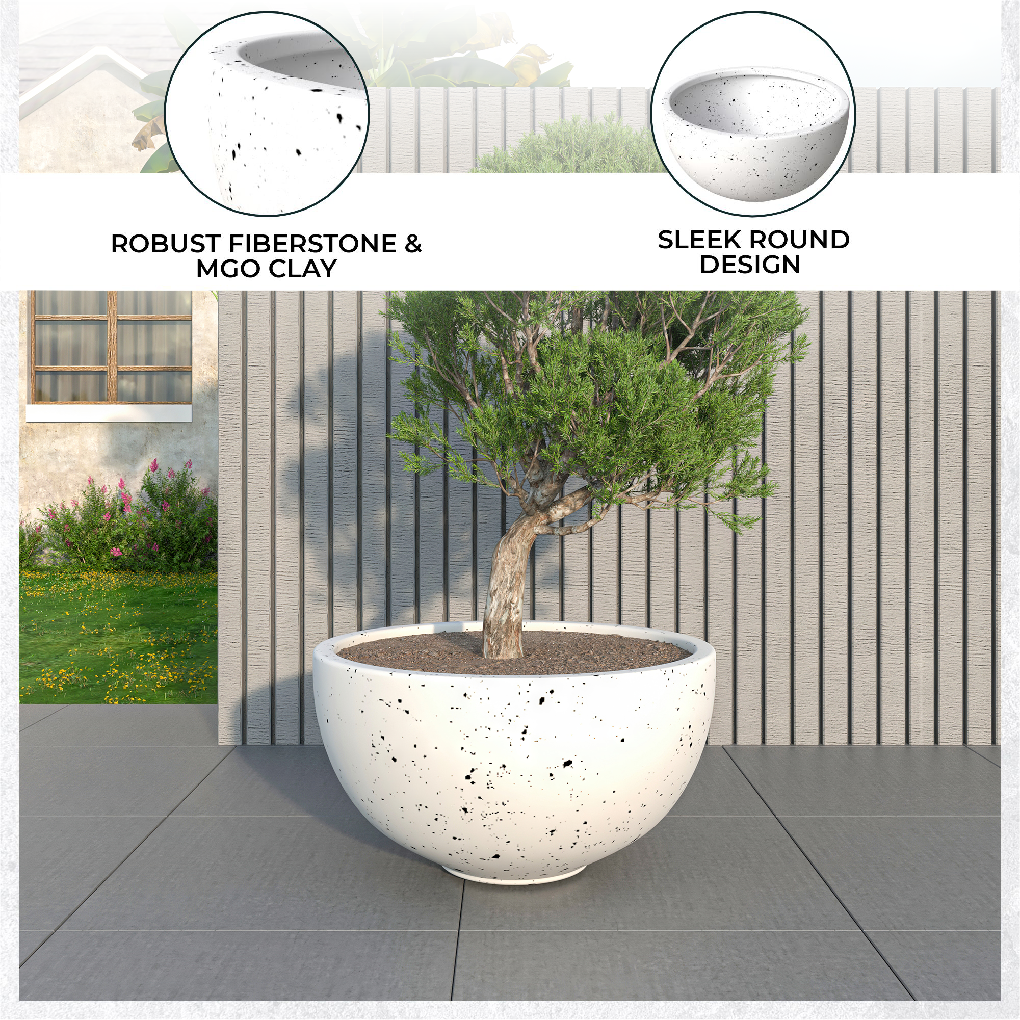 Iris Fiberstone Planter in White 12 Dia