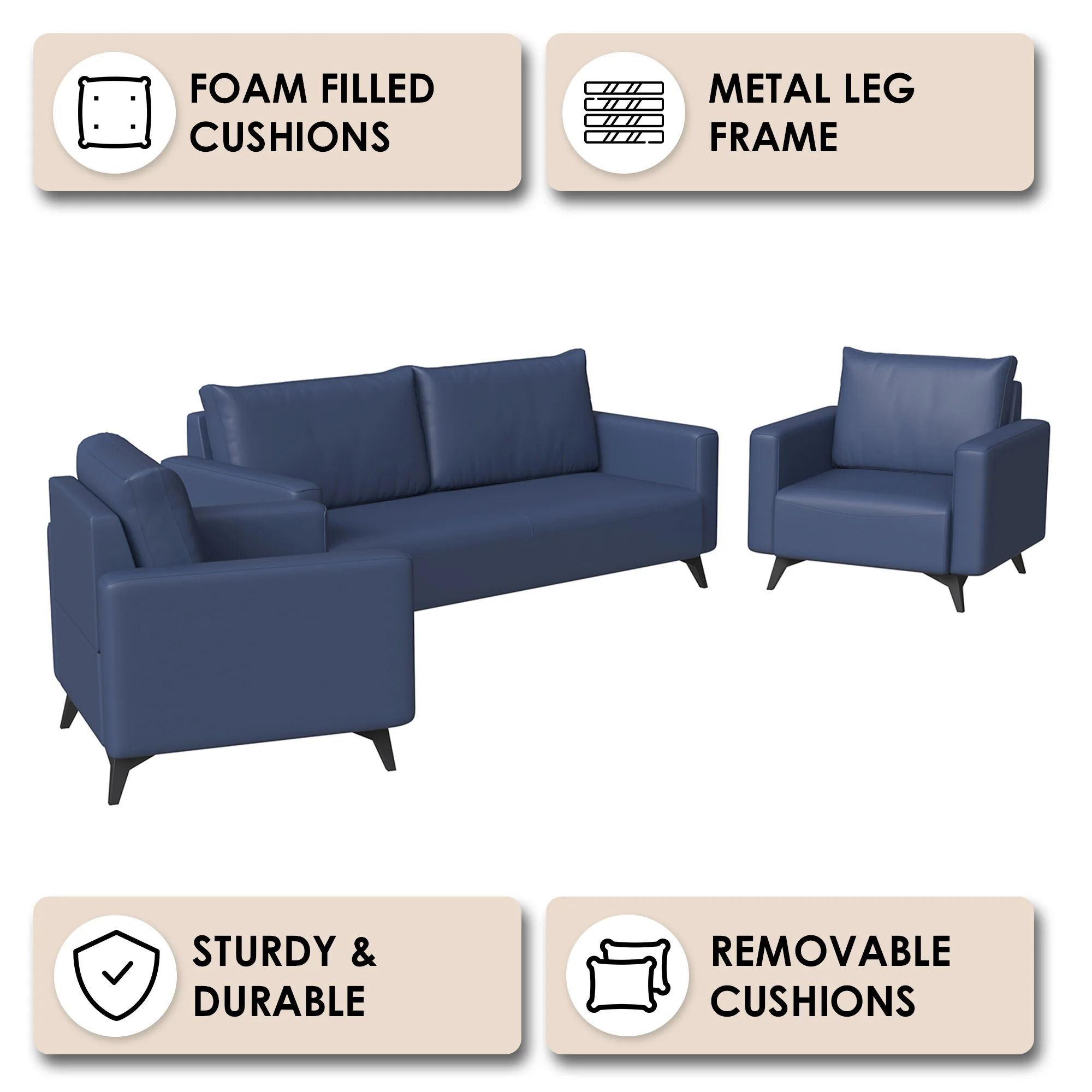 Inno Collection Sofa Set, 2 Single Seaters, and 3 seater In Dark Blue