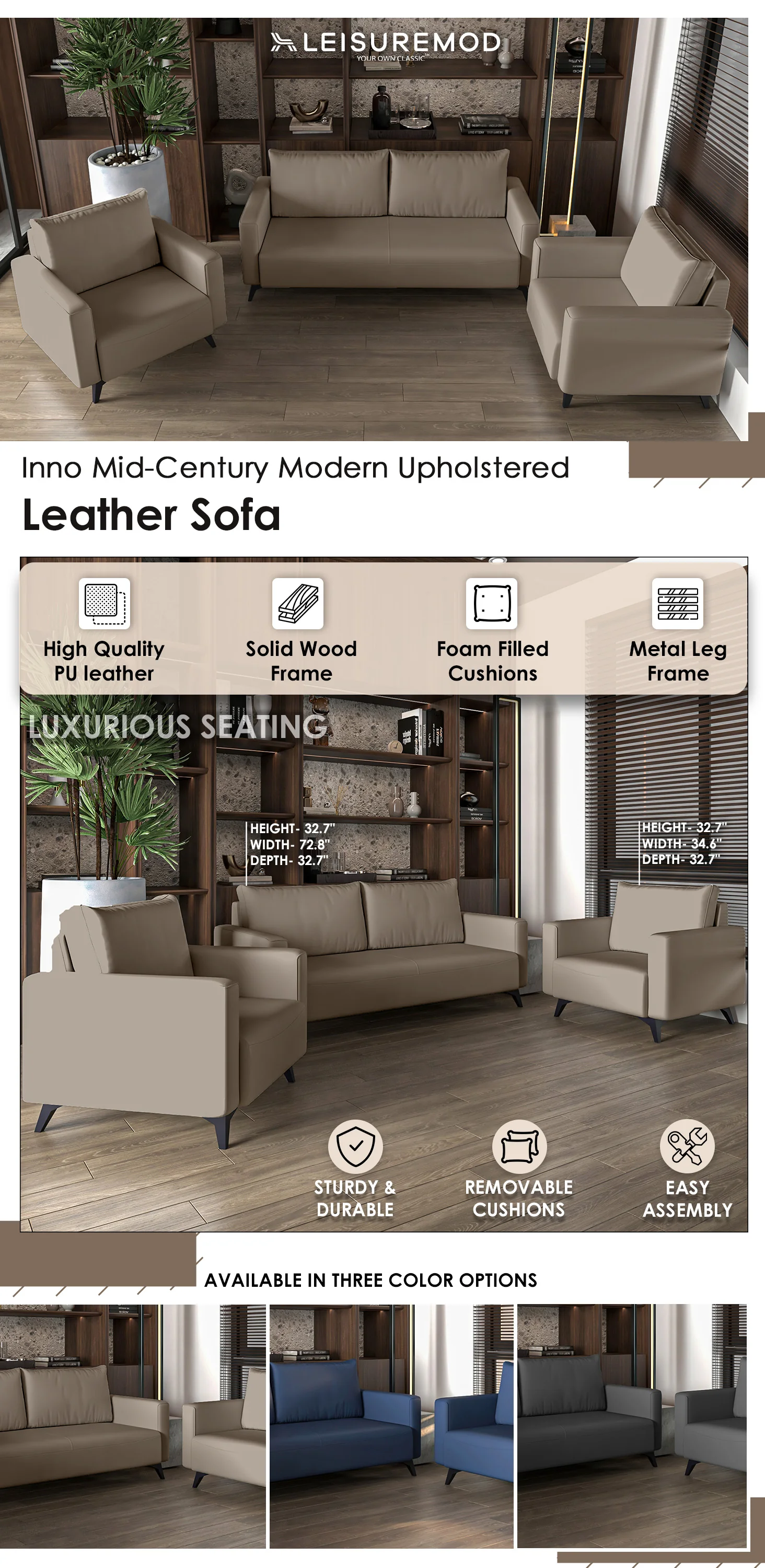 Inno Collection Sofa Set, 2 Single Seaters, and 3 seater In TAupe