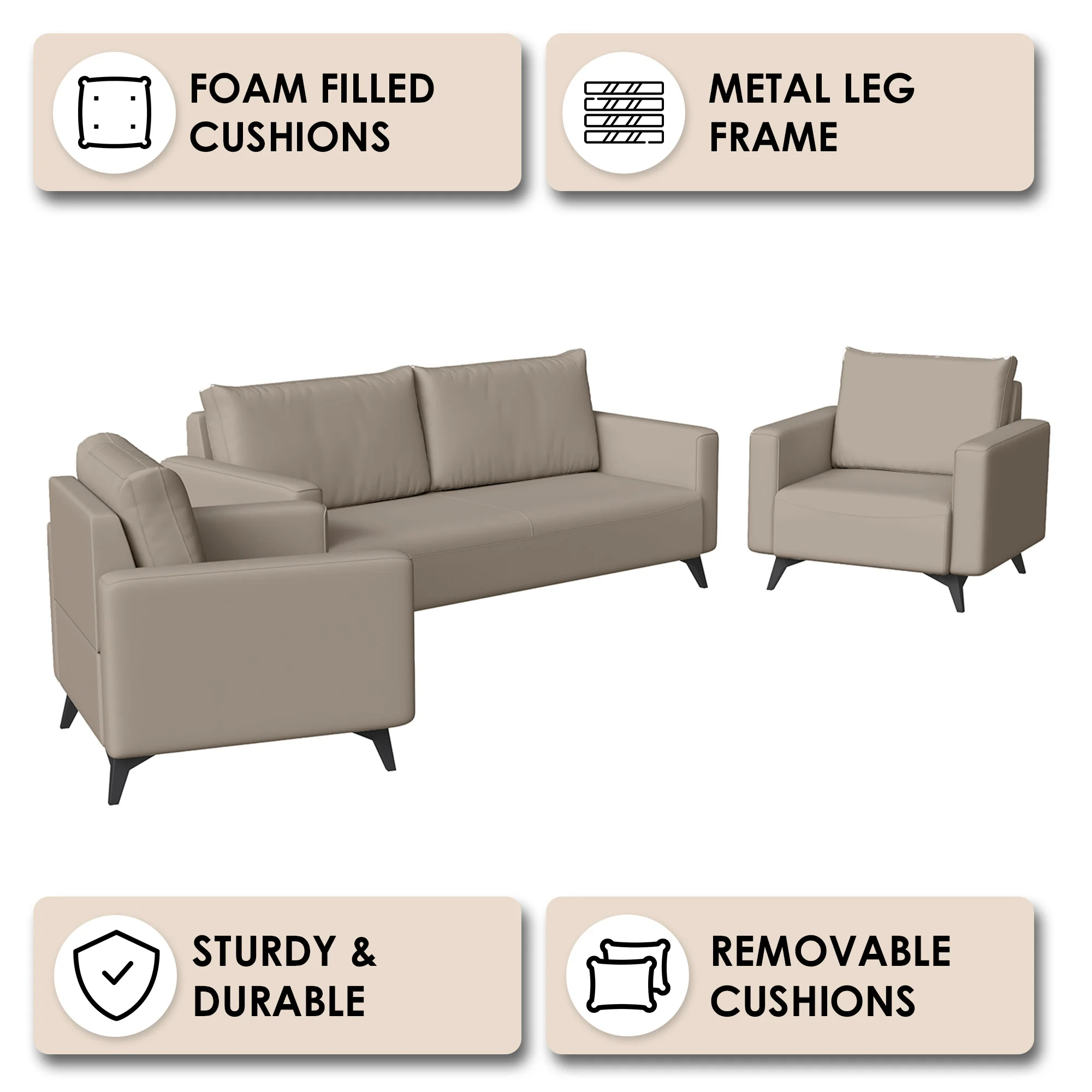 Inno Collection Sofa Set, 2 Single Seaters, and 3 seater In TAupe