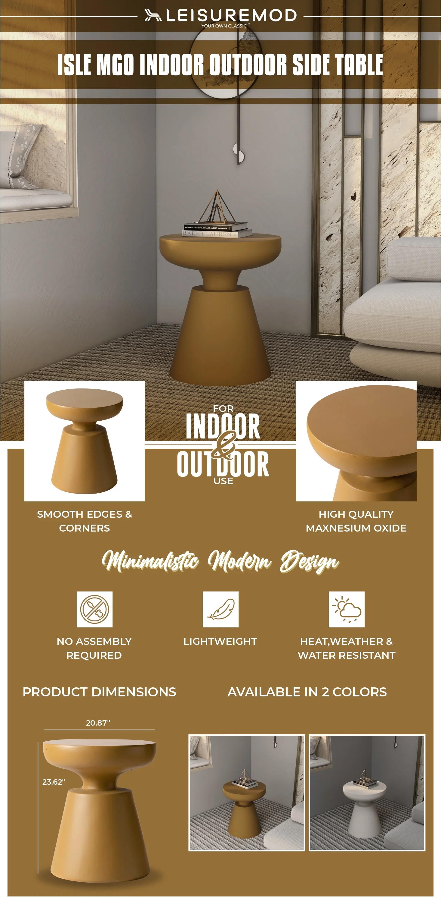 Isle Collection Fiberglass Outdoor Side Table in Brown