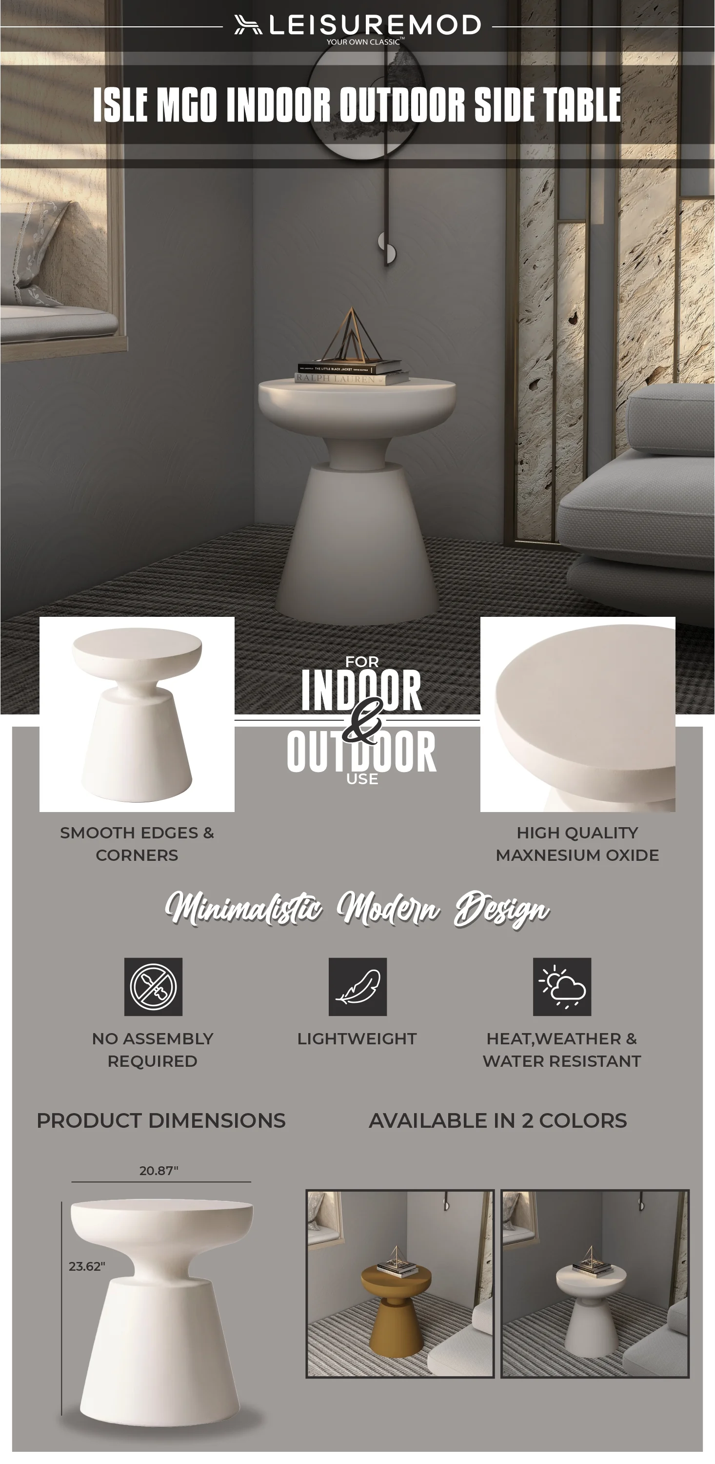 Isle Collection Fiberglass Outdoor Side Table in Cream