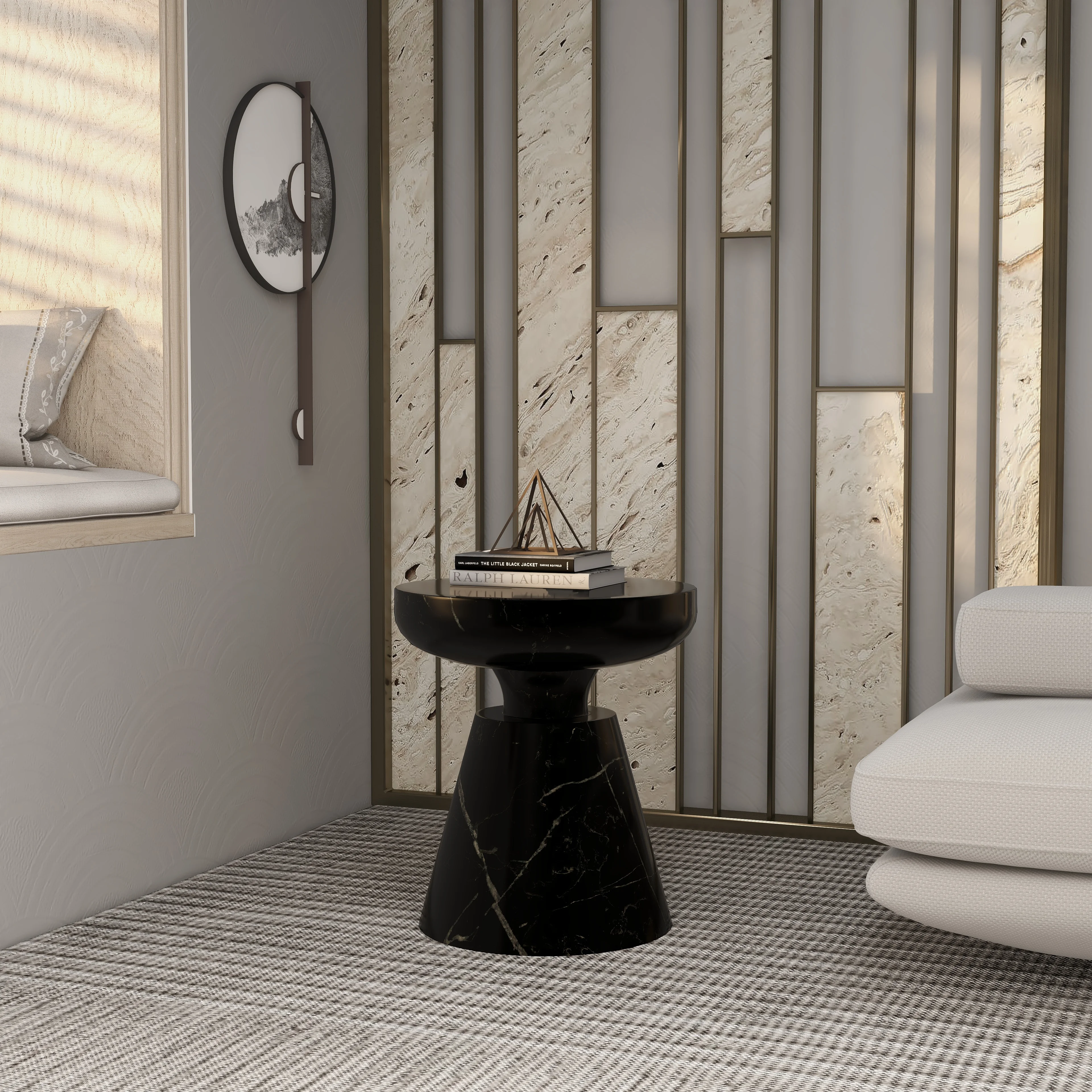 Isle Collection Fiberglass Outdoor Side Table in Marbled Black