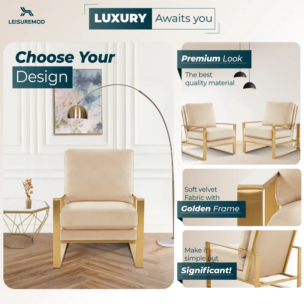 Jefferson Velvet Design Accent Armchair With Gold Brass Finish Frame