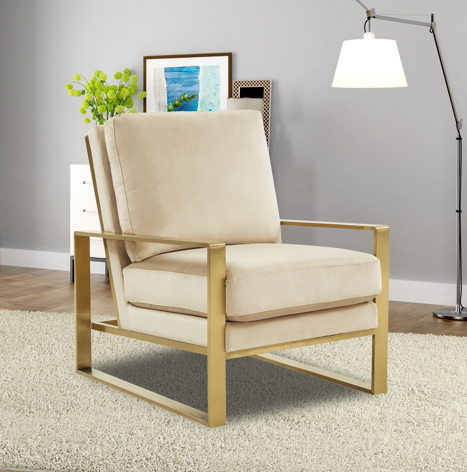 Jefferson Velvet Design Accent Armchair With Gold Brass Finish Frame