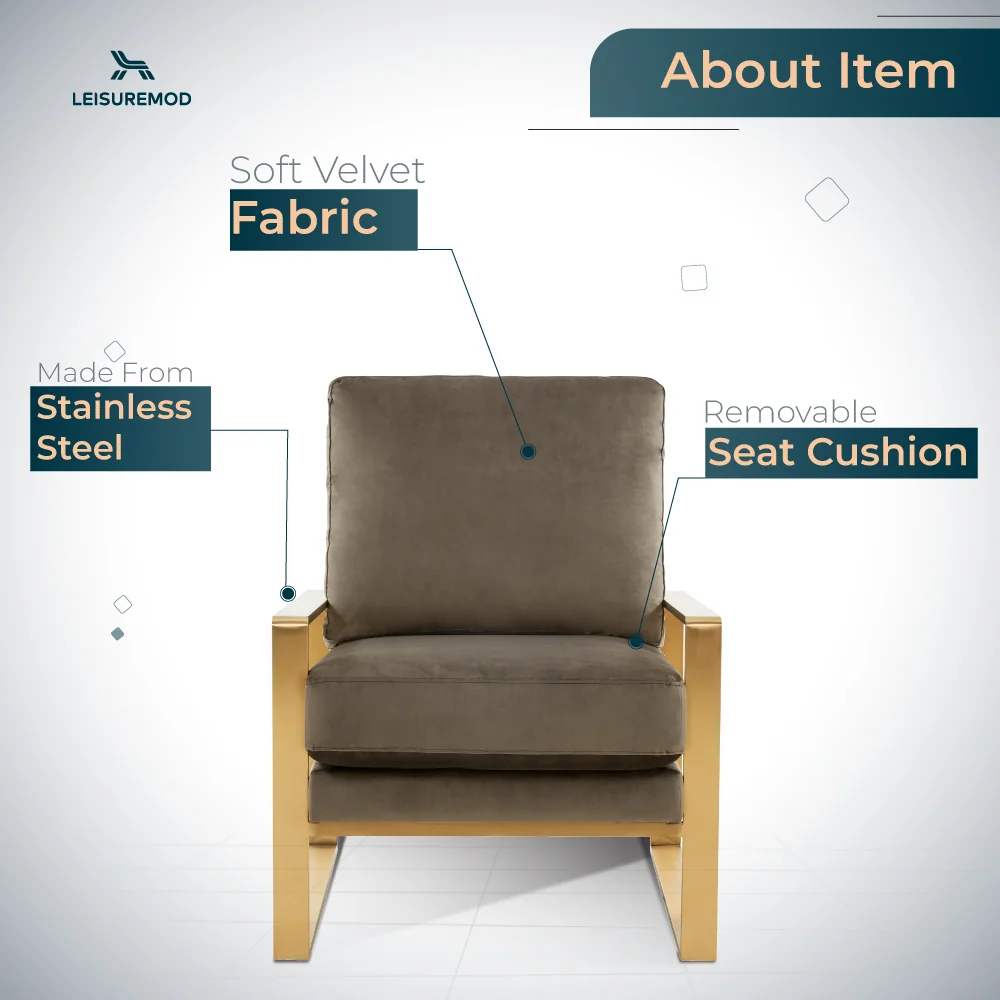 Jefferson Velvet Design Accent Armchair With Gold Brass Finish Frame