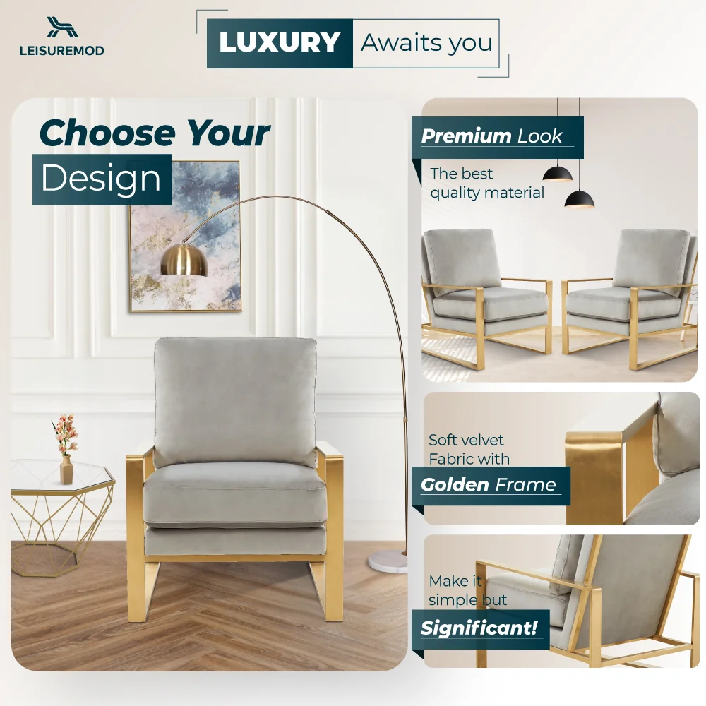 Jefferson Velvet Design Accent Armchair With Gold Brass Finish Frame