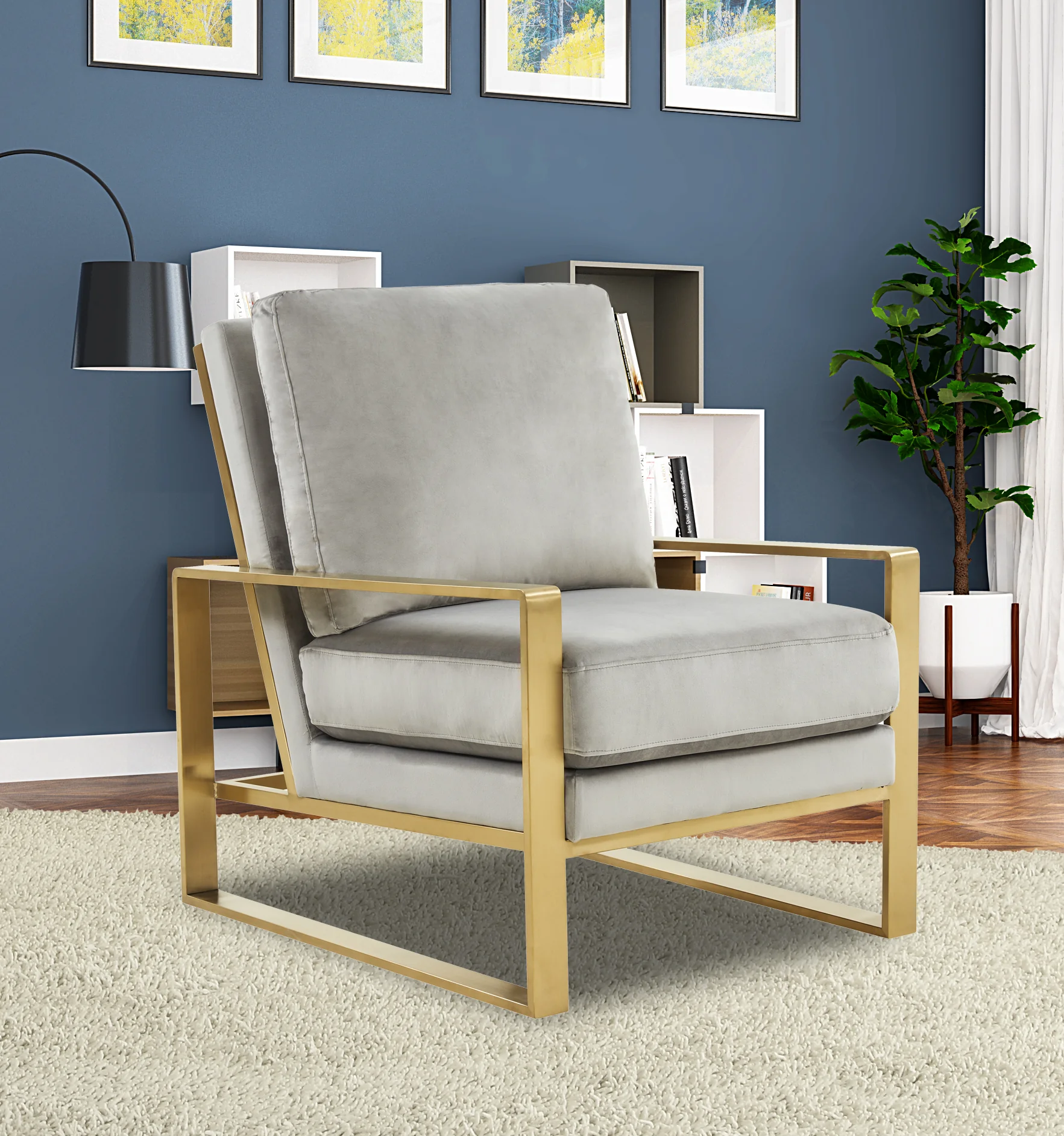 Jefferson Velvet Design Accent Armchair With Gold Brass Finish Frame