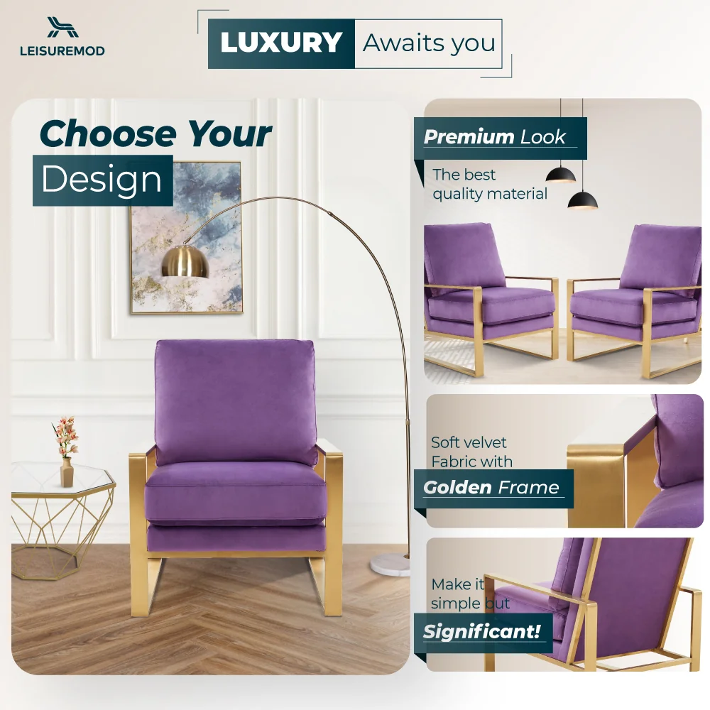 Jefferson Velvet Design Accent Armchair With Gold Brass Finish Frame