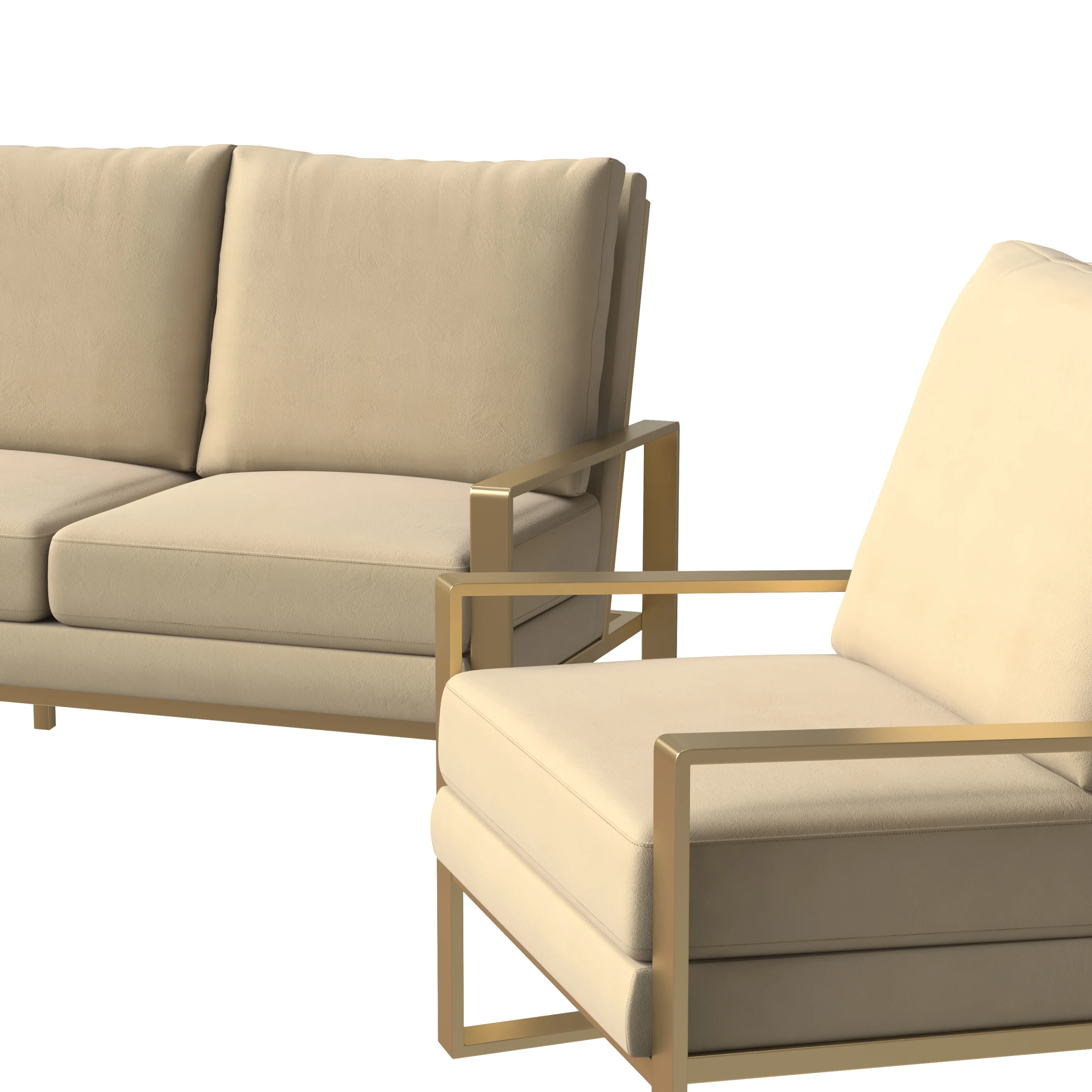 Jefferson Velvet 3-Piece Living Room Sofa Set With Elegant Gold Frame Beige