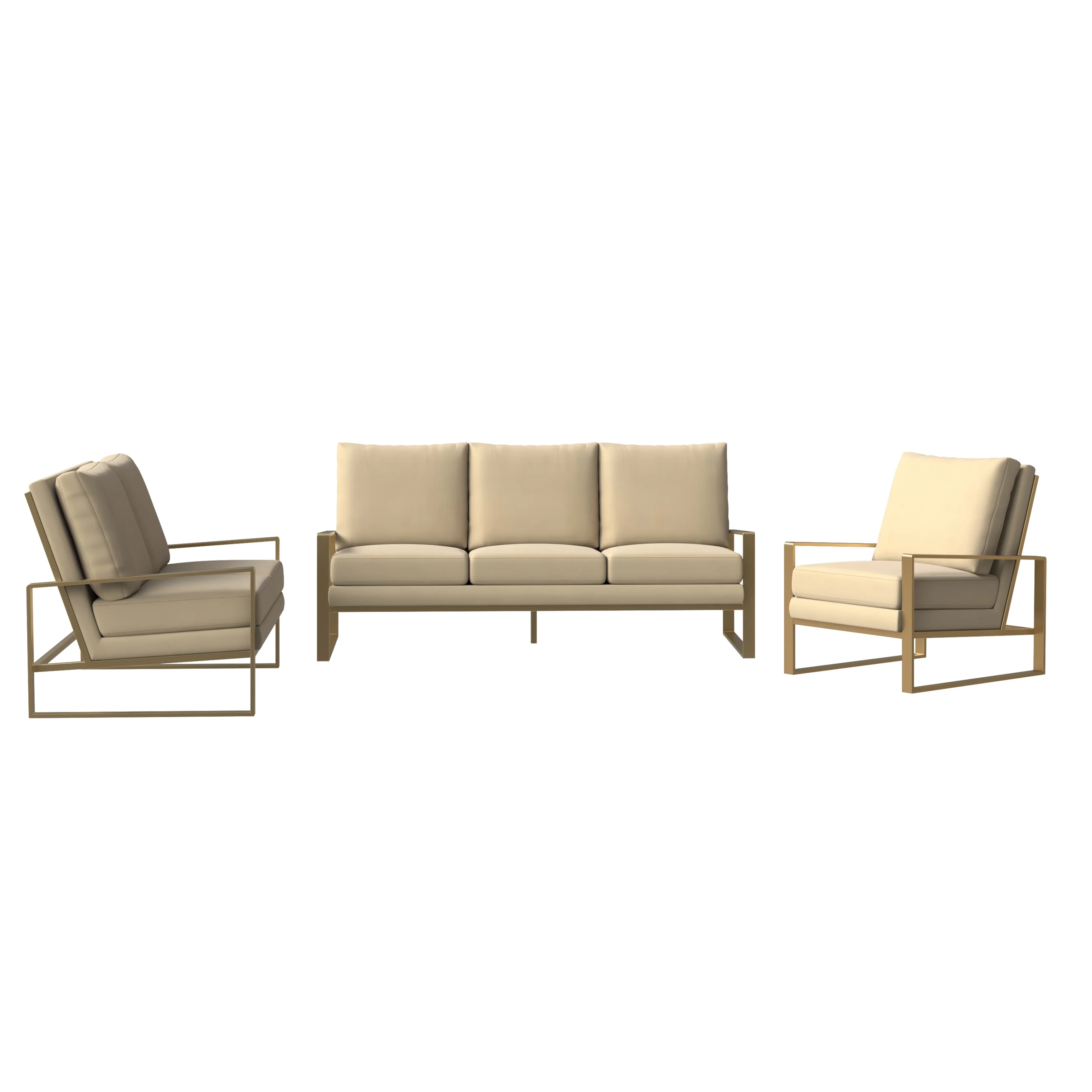 Jefferson Velvet 3-Piece Living Room Sofa Set With Elegant Gold Frame Beige