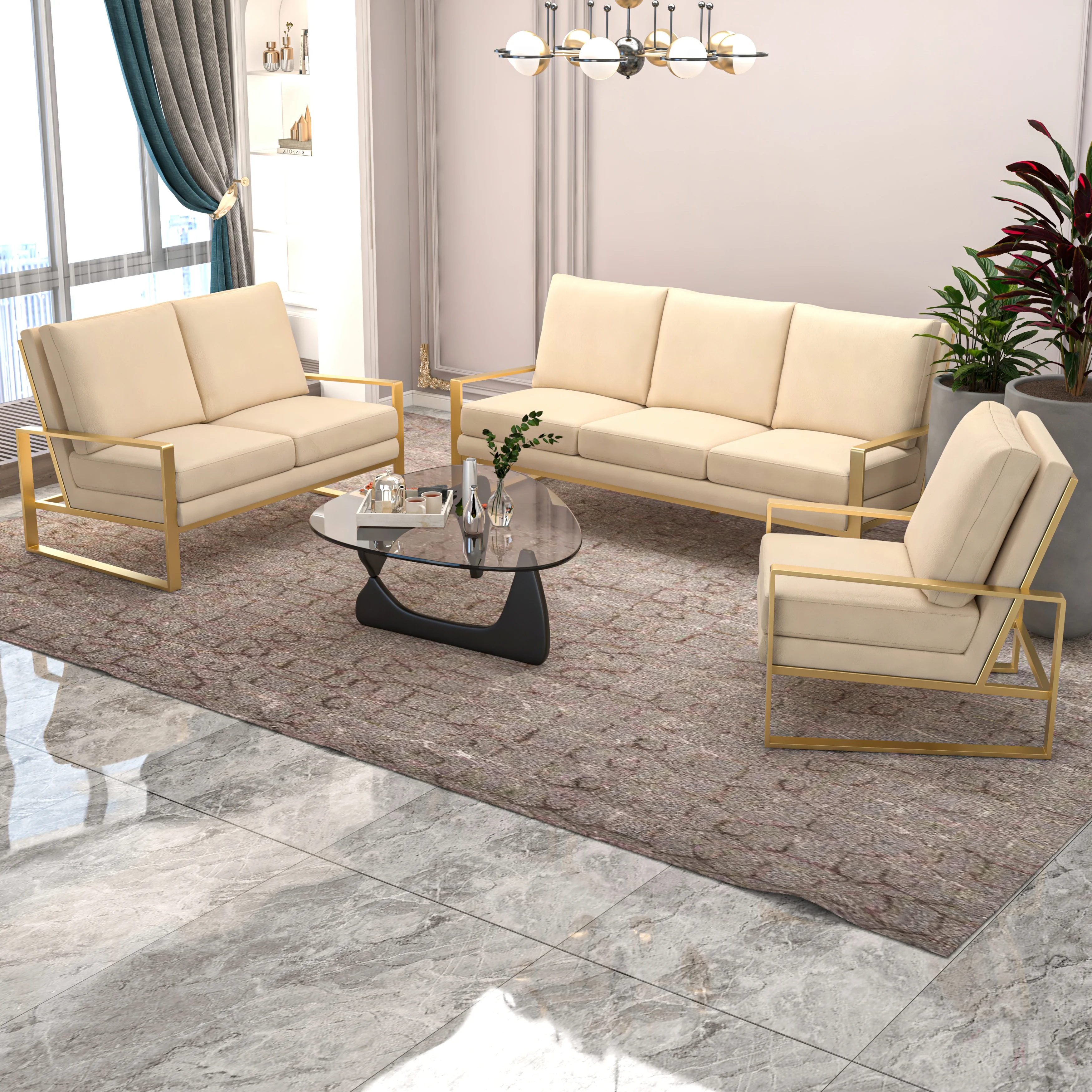 Jefferson Velvet 3-Piece Living Room Sofa Set With Elegant Gold Frame Beige