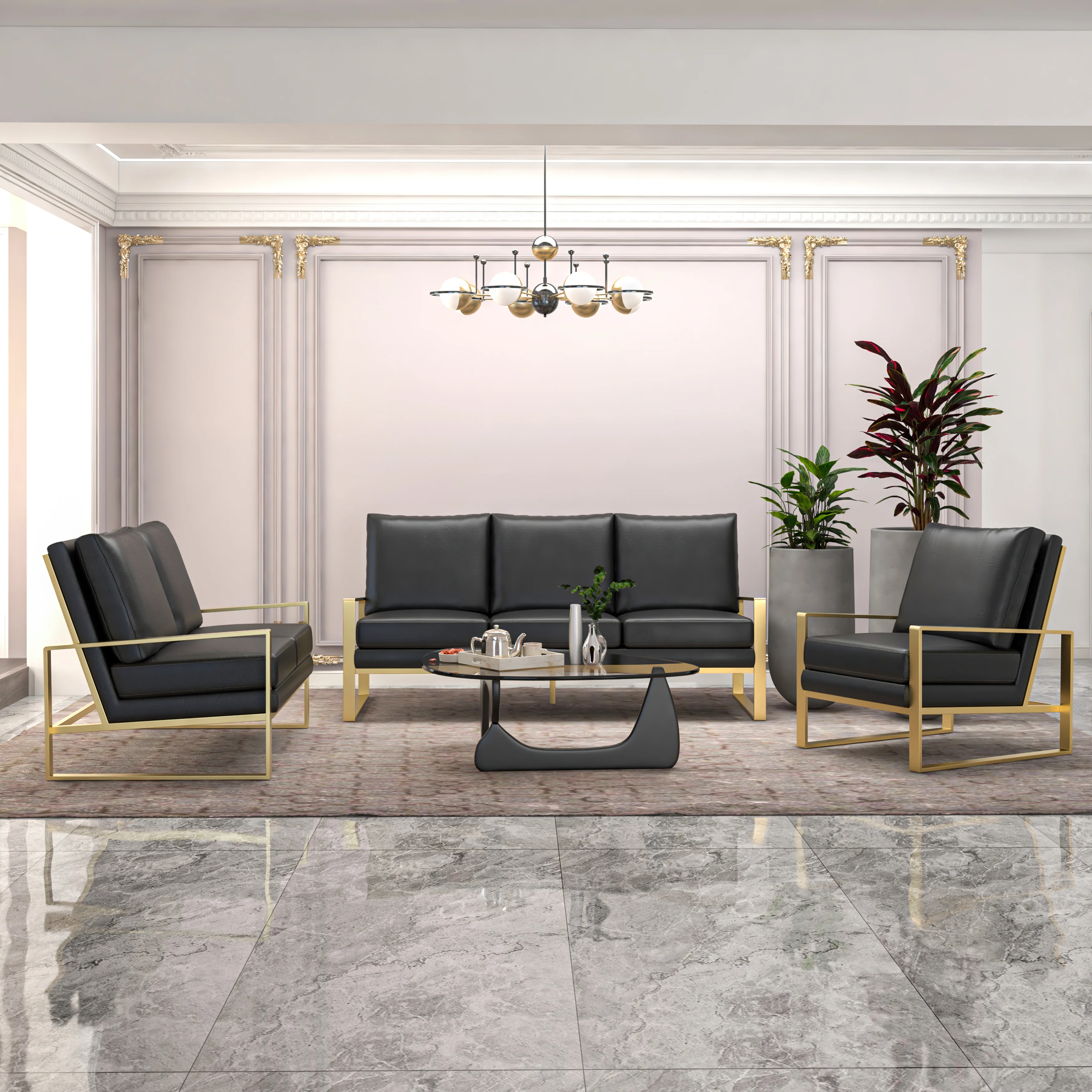 Jefferson Leather 3-Piece Living Room Sofa Set With Elegant Gold Frame Black