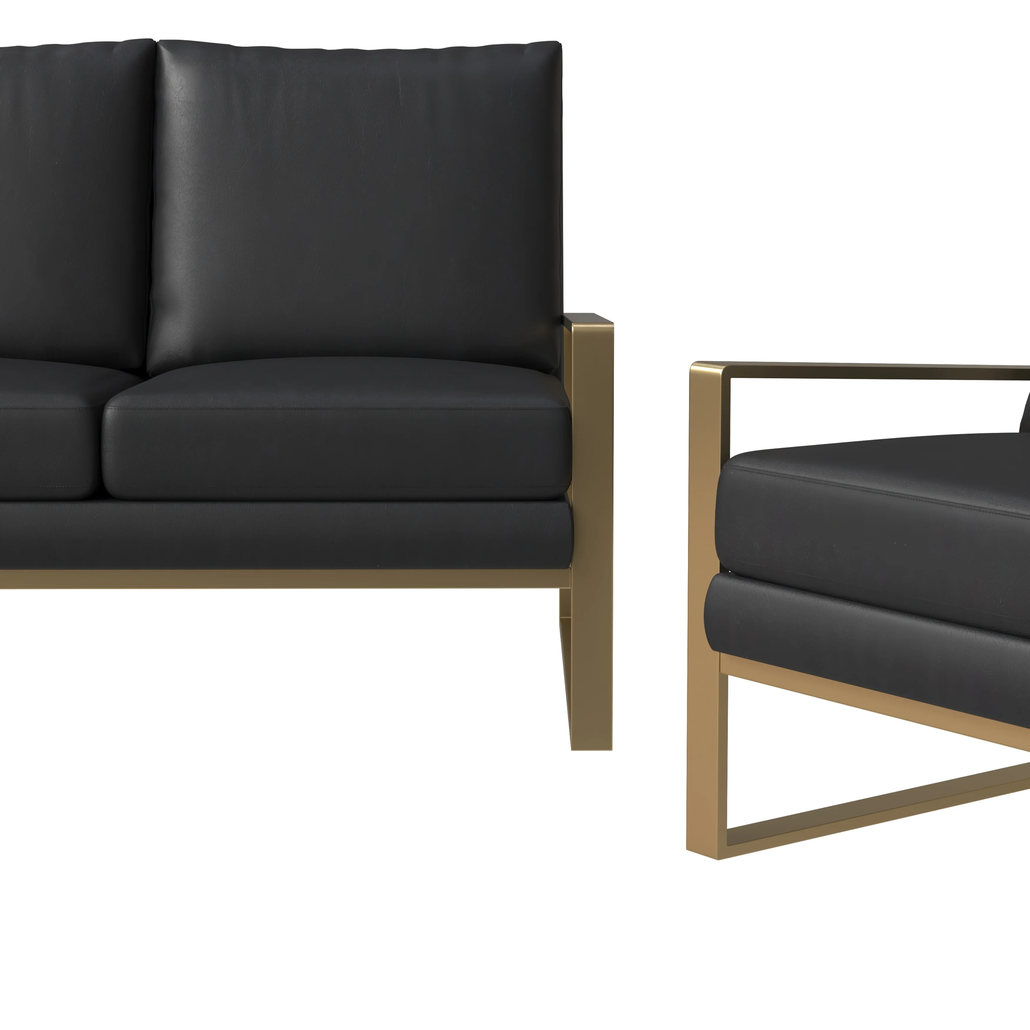 Jefferson Leather 3-Piece Living Room Sofa Set With Elegant Gold Frame Black