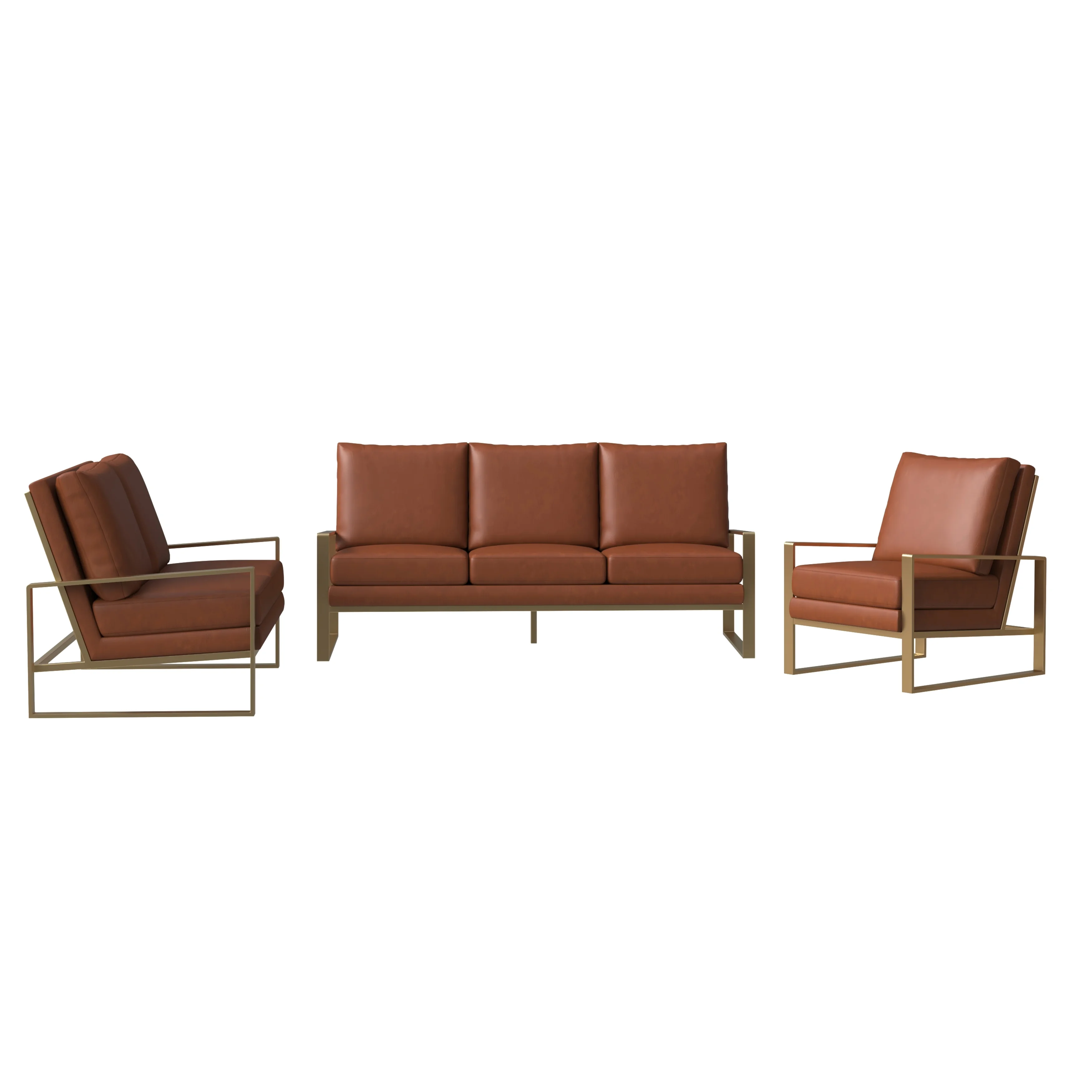 Jefferson Leather 3-Piece Living Room Sofa Set With Elegant Gold Frame Cognac Tan