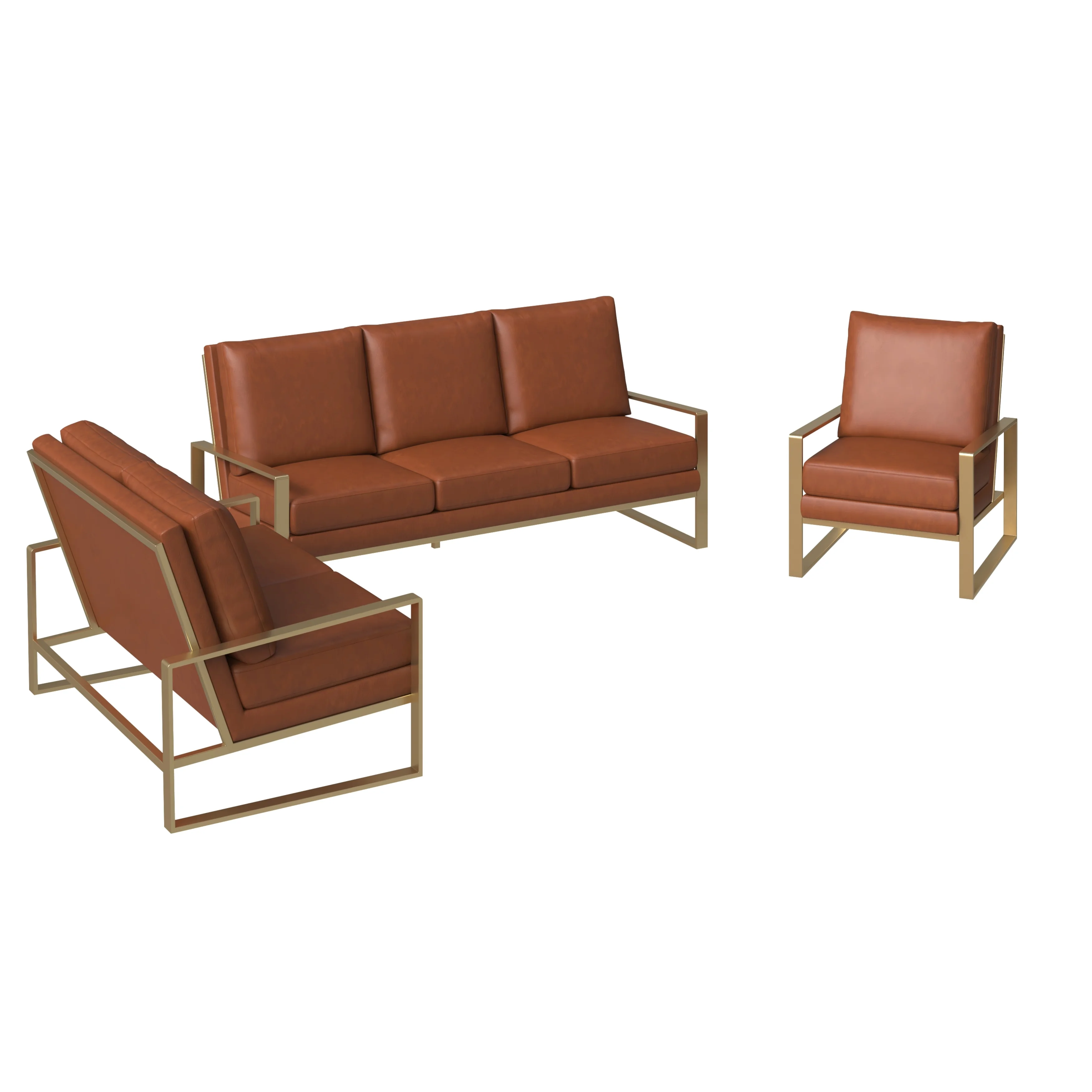Jefferson Leather 3-Piece Living Room Sofa Set With Elegant Gold Frame Cognac Tan