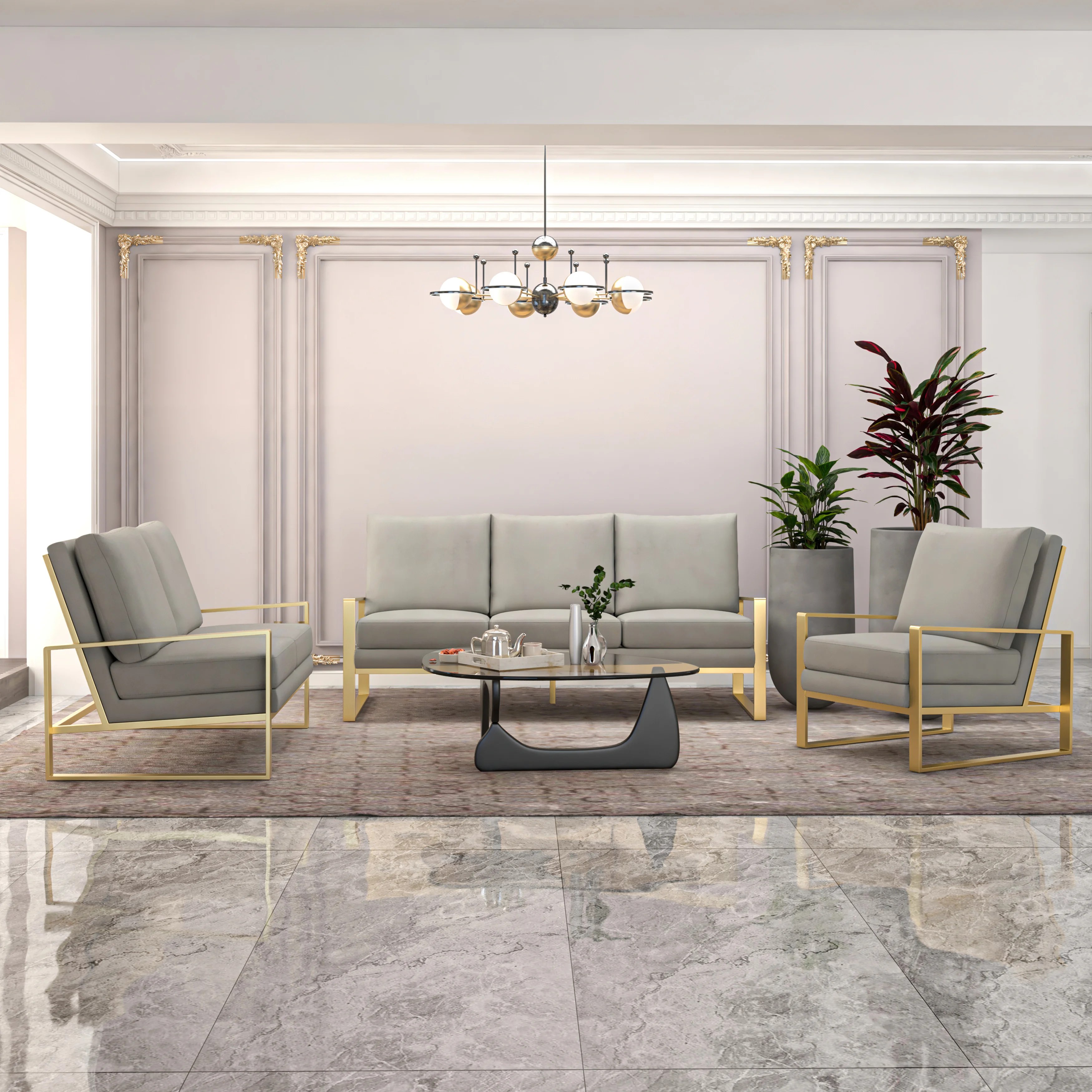 Jefferson Velvet 3-Piece Living Room Sofa Set With Elegant Gold Frame Light Grey