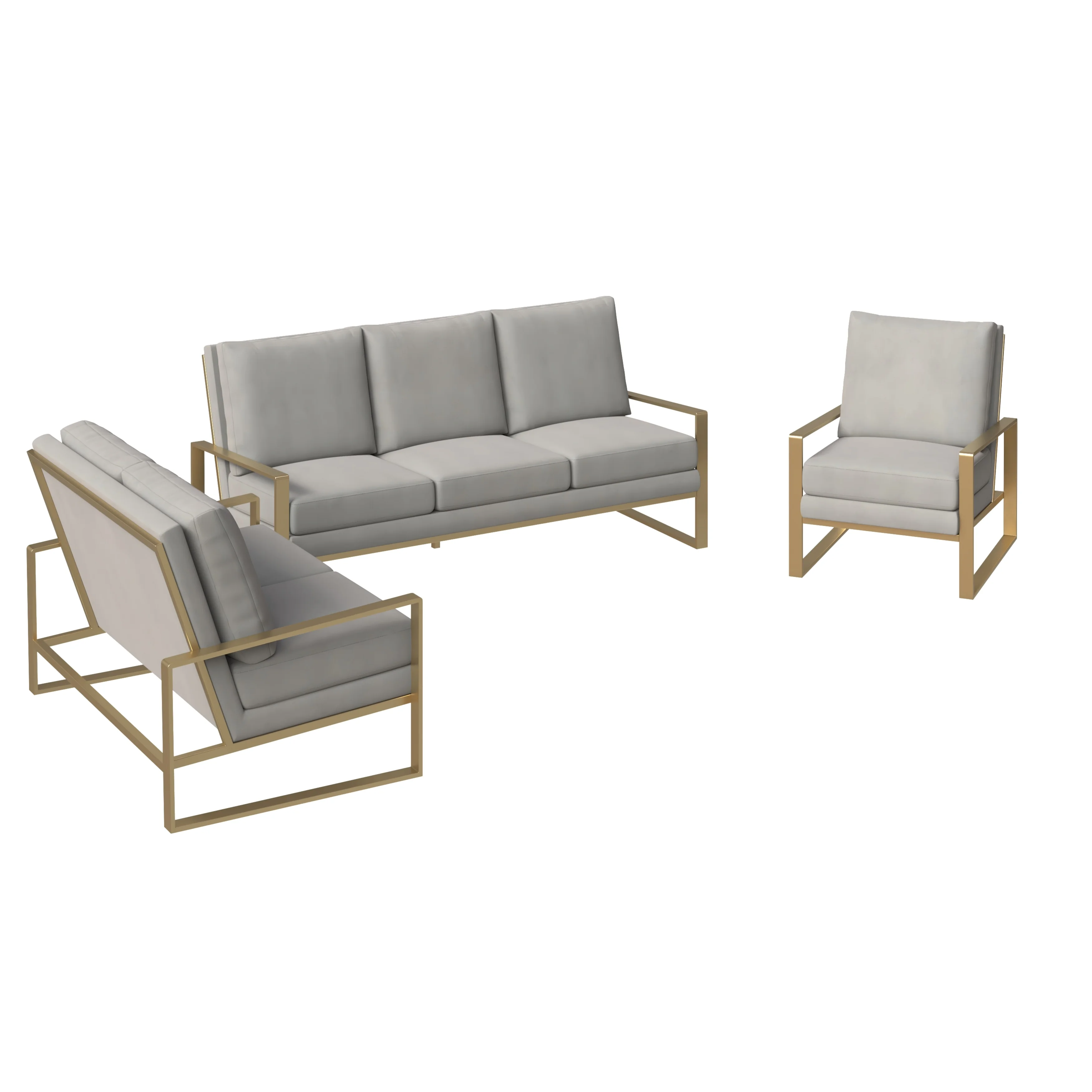 Jefferson Velvet 3-Piece Living Room Sofa Set With Elegant Gold Frame Light Grey