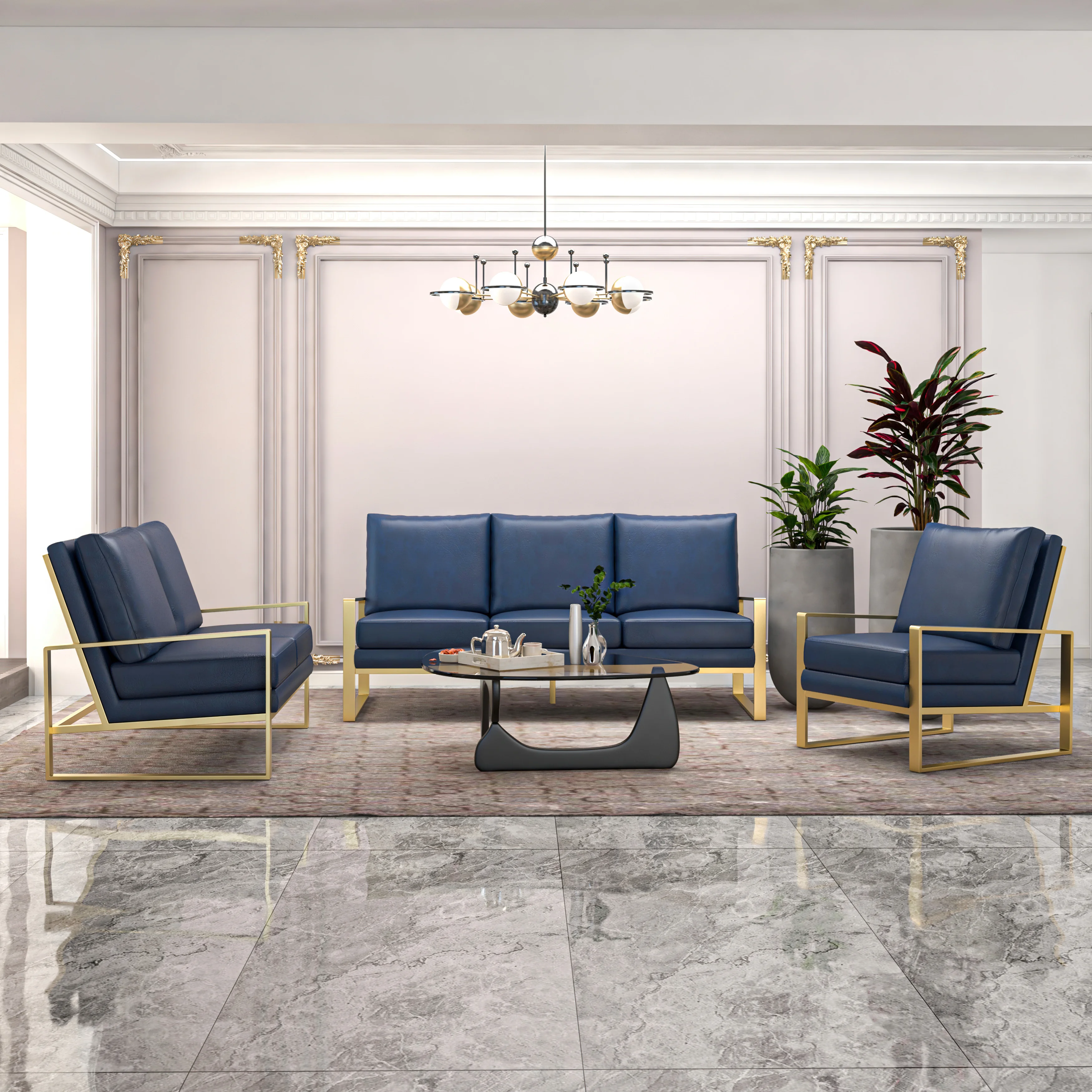 Jefferson Leather 3-Piece Living Room Sofa Set With Elegant Gold Frame Navy Blue
