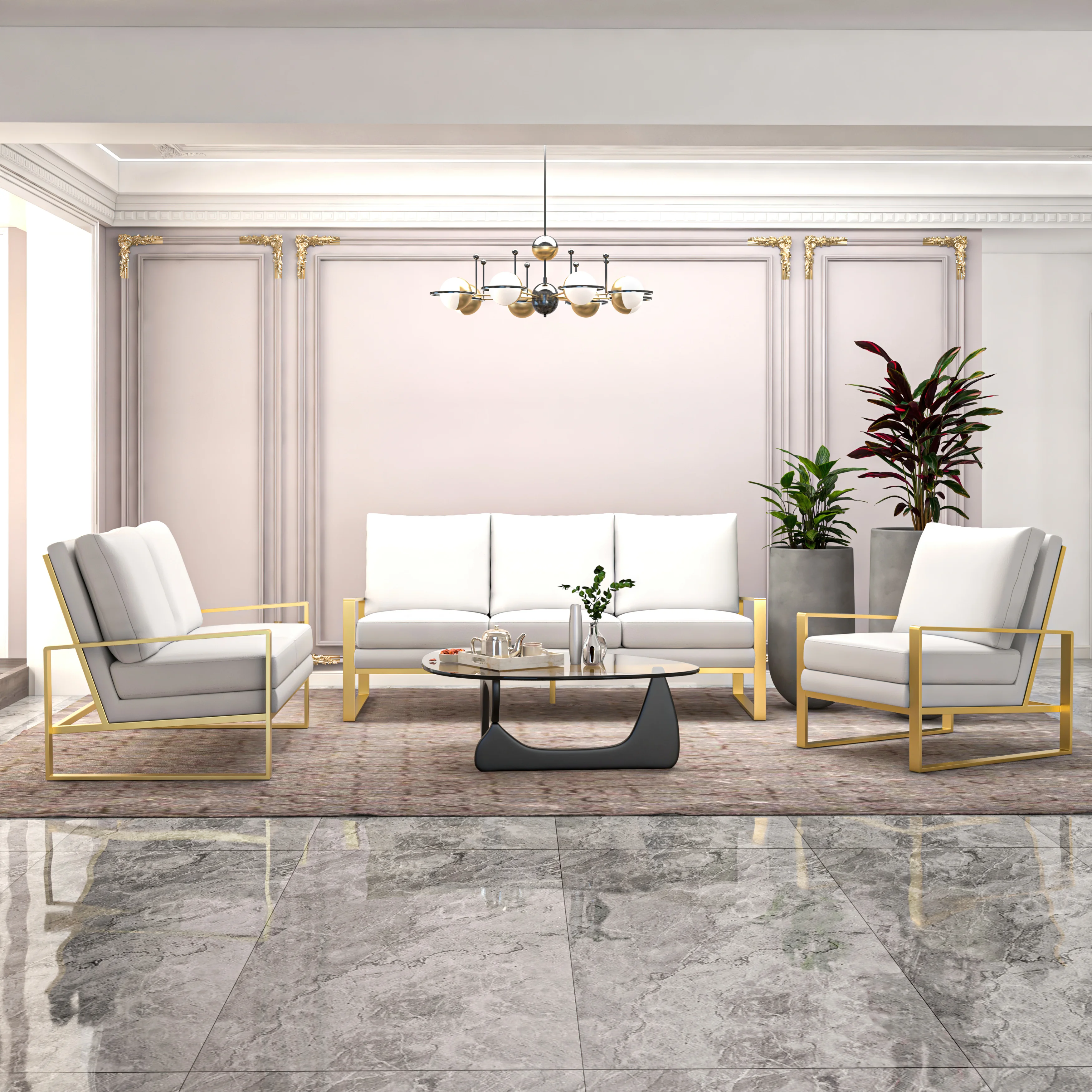 Jefferson Leather 3-Piece Living Room Sofa Set With Elegant Gold Frame White