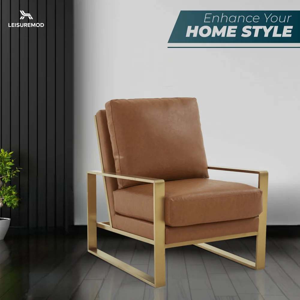 Jefferson Leather Modern Design Accent Armchair With Elegant Gold Frame