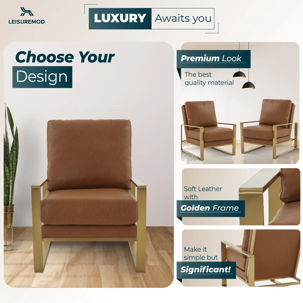 Jefferson Leather Modern Design Accent Armchair With Elegant Gold Frame