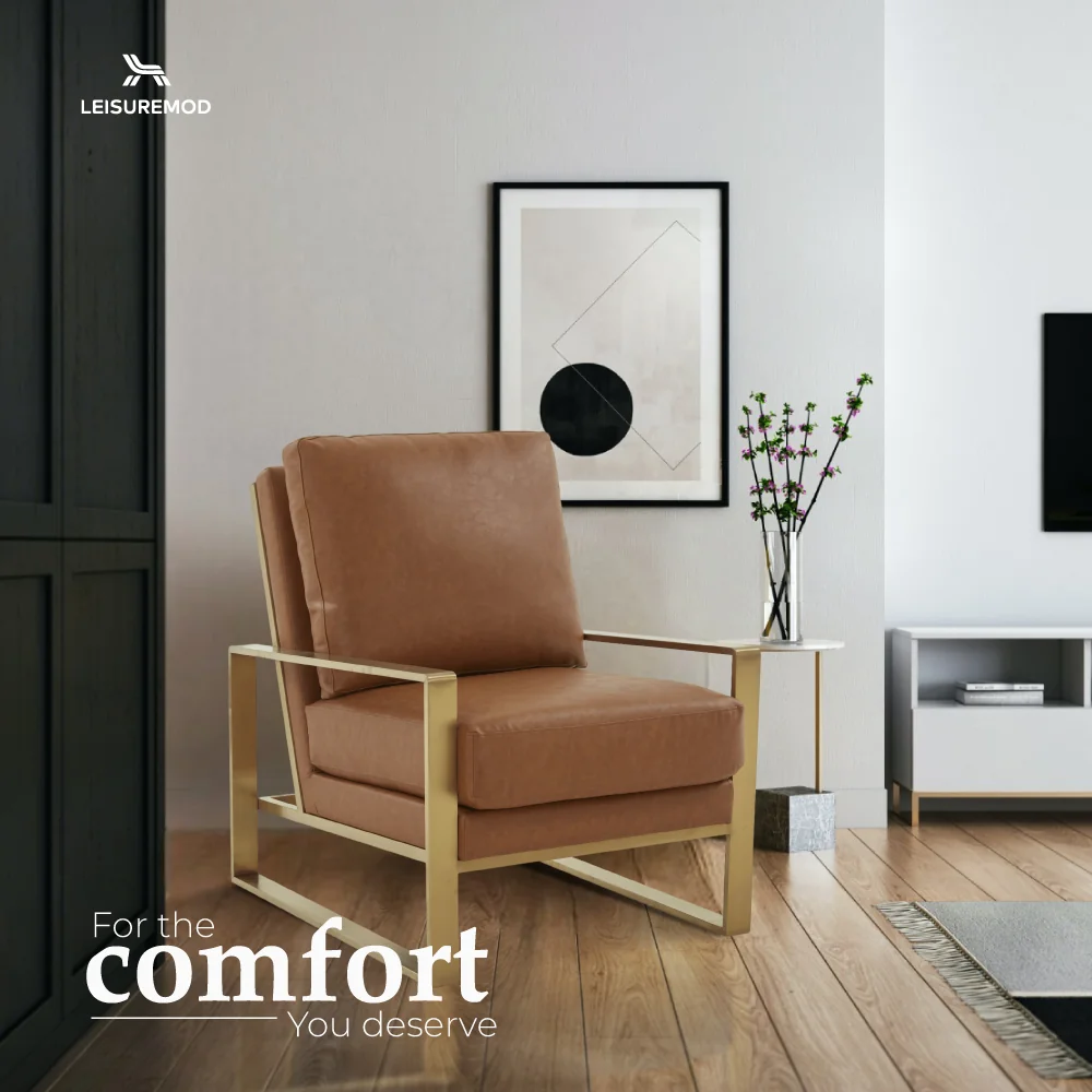 Jefferson Leather Modern Design Accent Armchair With Elegant Gold Frame