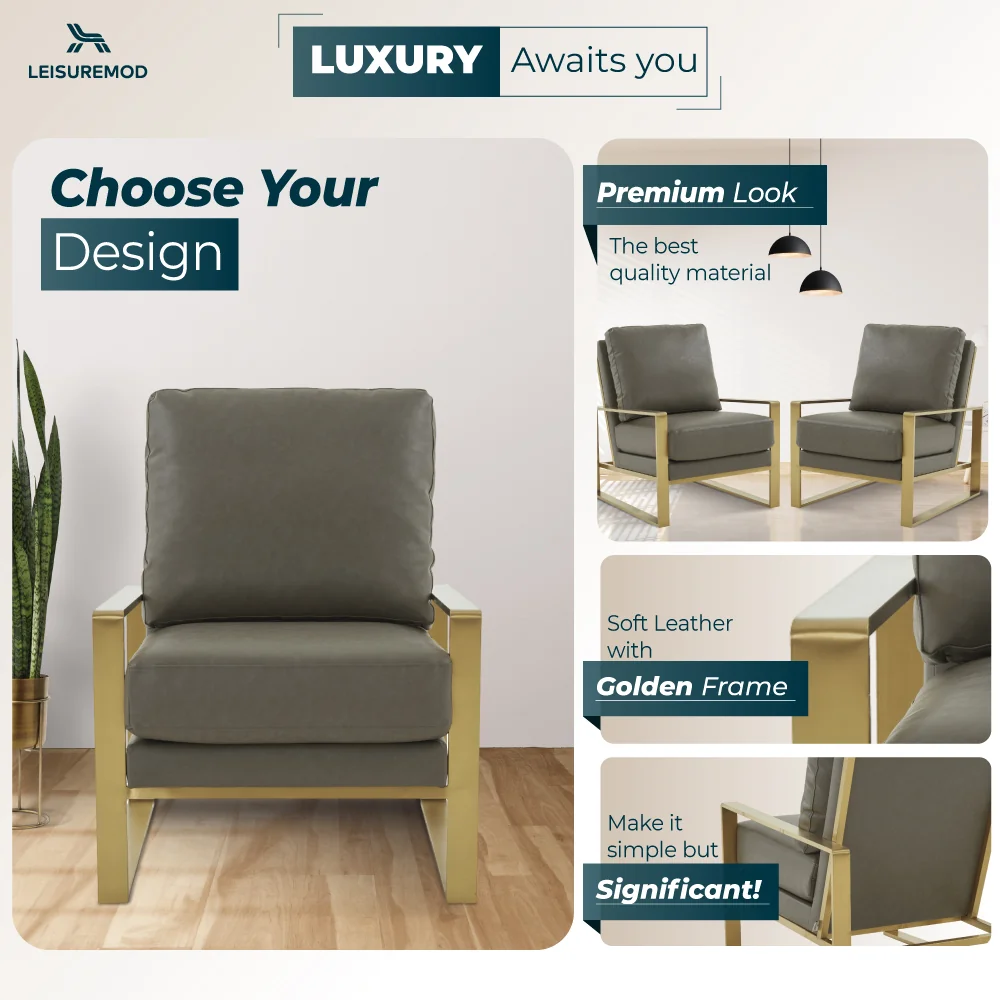 Jefferson Leather Modern Design Accent Armchair With Elegant Gold Frame