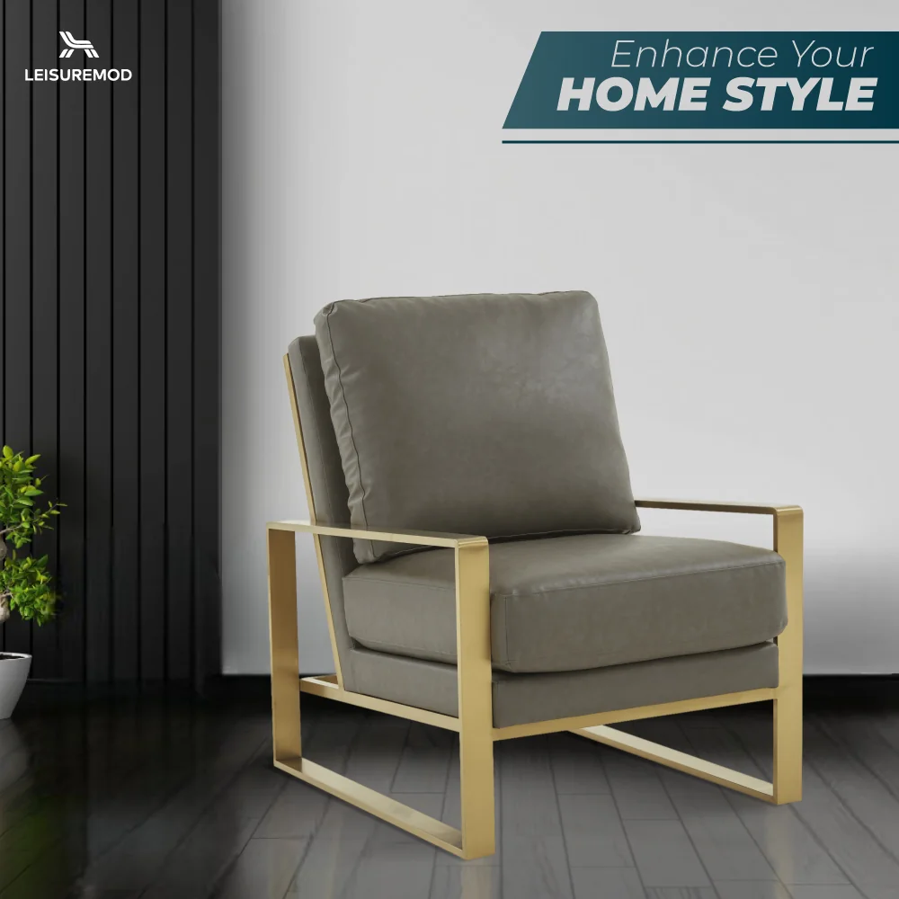 Jefferson Leather Modern Design Accent Armchair With Elegant Gold Frame