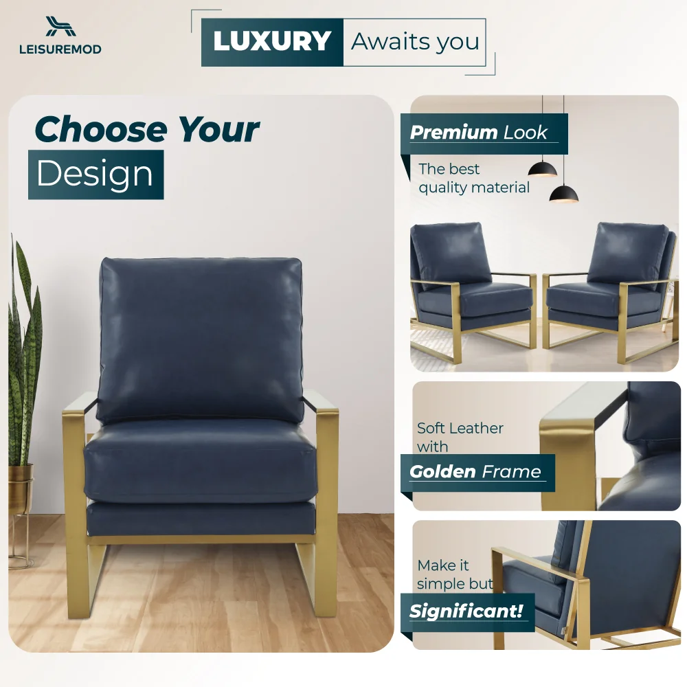 Jefferson Leather Modern Design Accent Armchair With Elegant Gold Frame