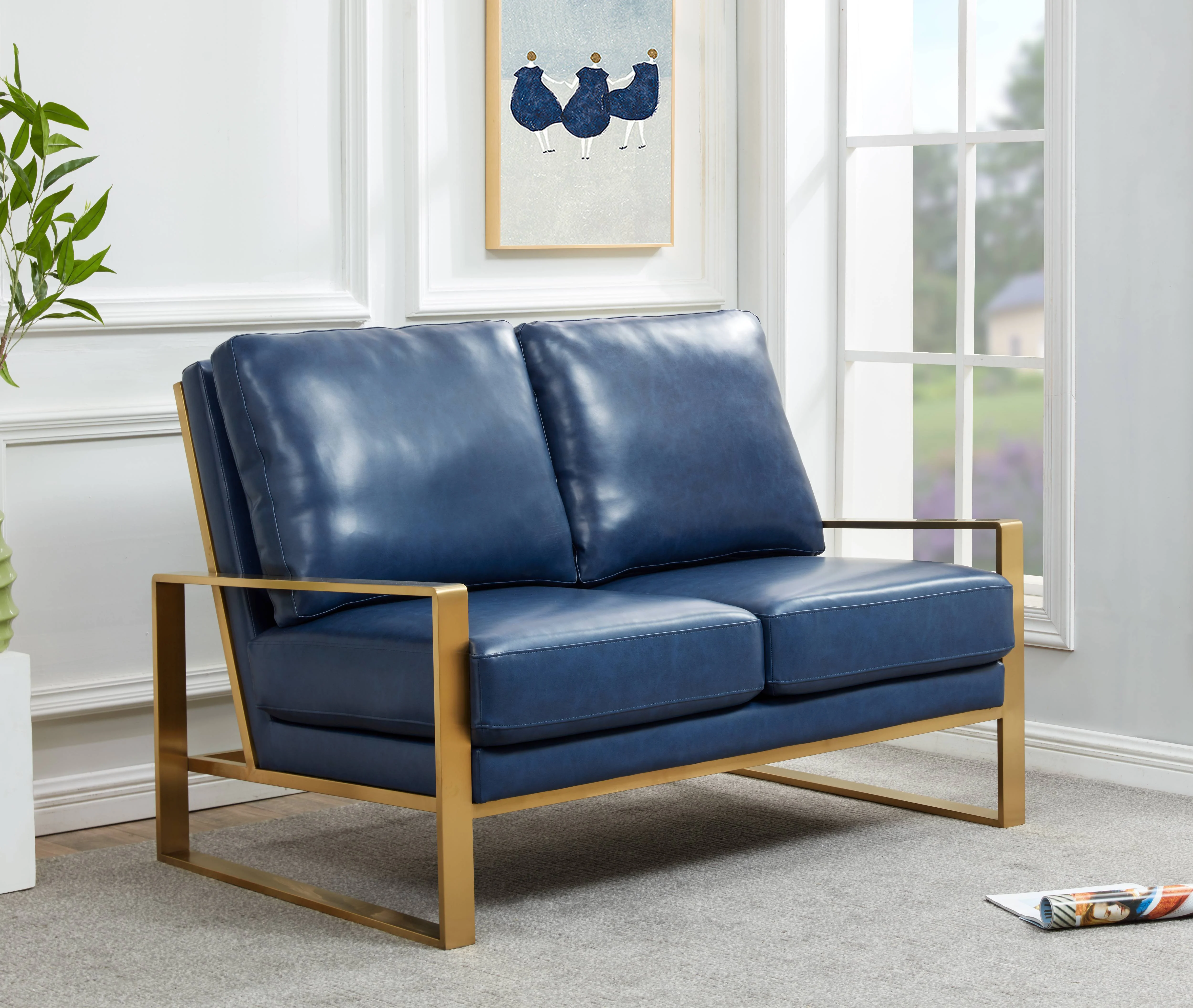 Jefferson - Leather Loveseat - Gold Frame - Navy Blue