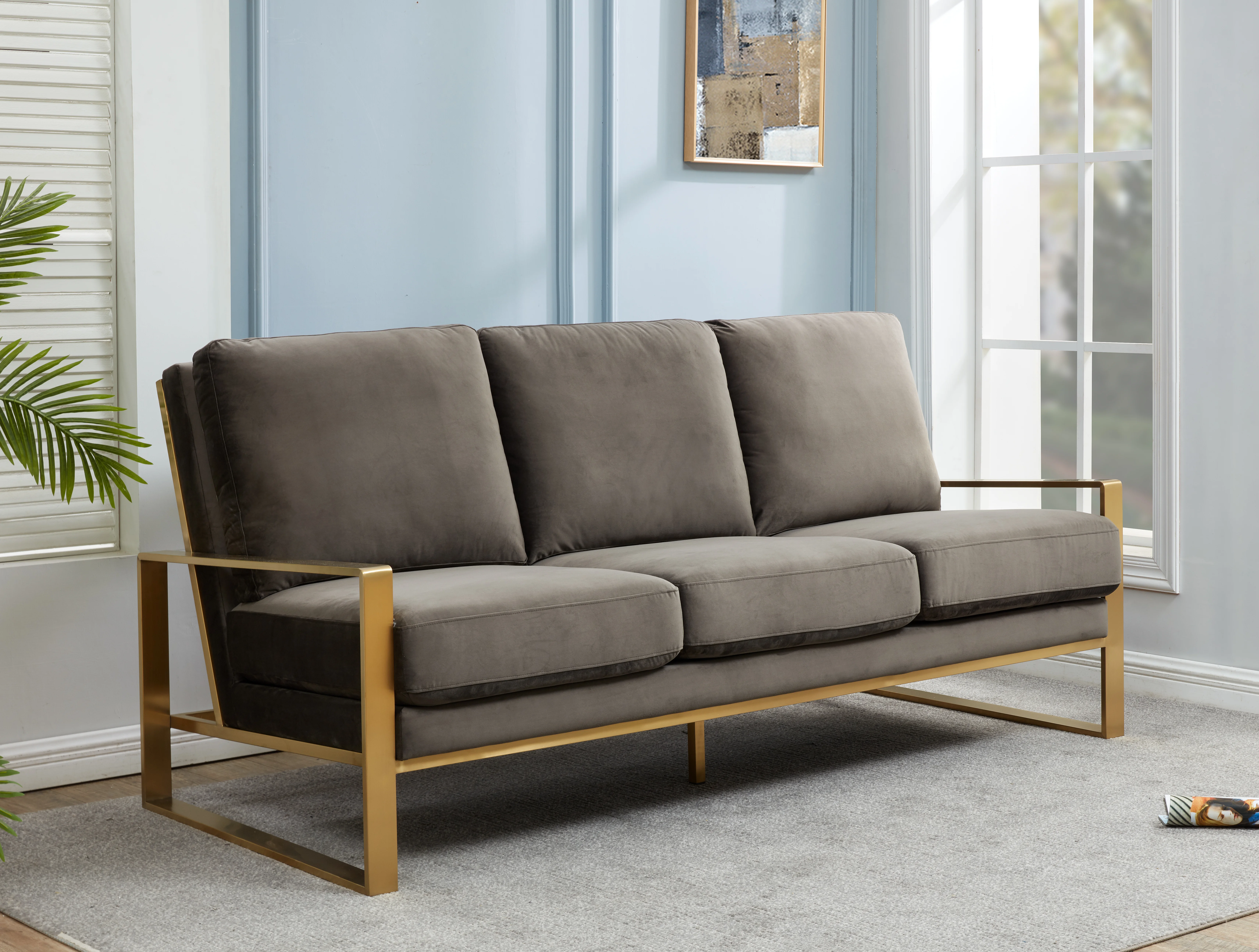 Jefferson Contemporary Modern Design Velvet Sofa With Gold Frame.