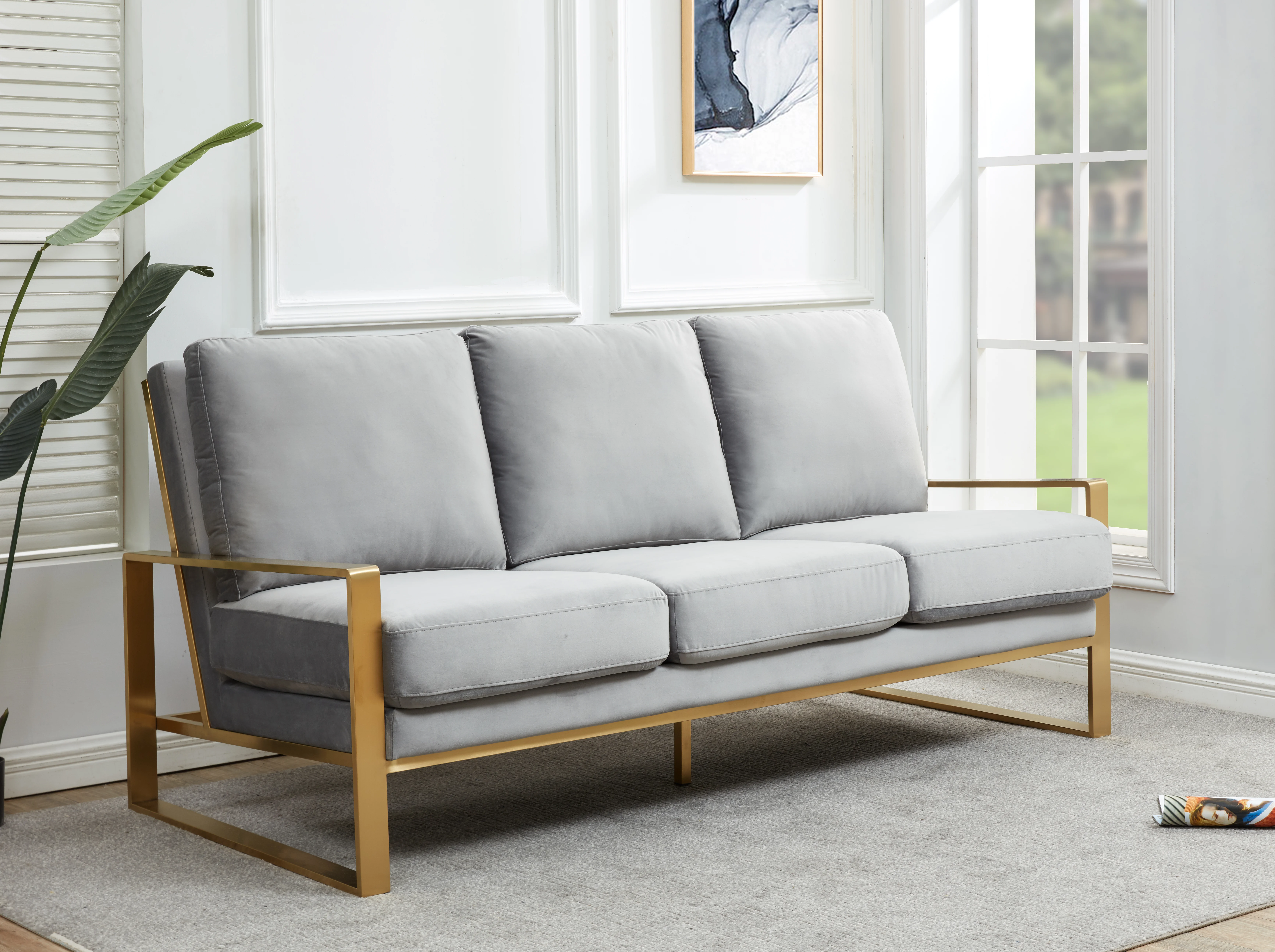 Jefferson Contemporary Modern Design Velvet Sofa With Gold Frame.