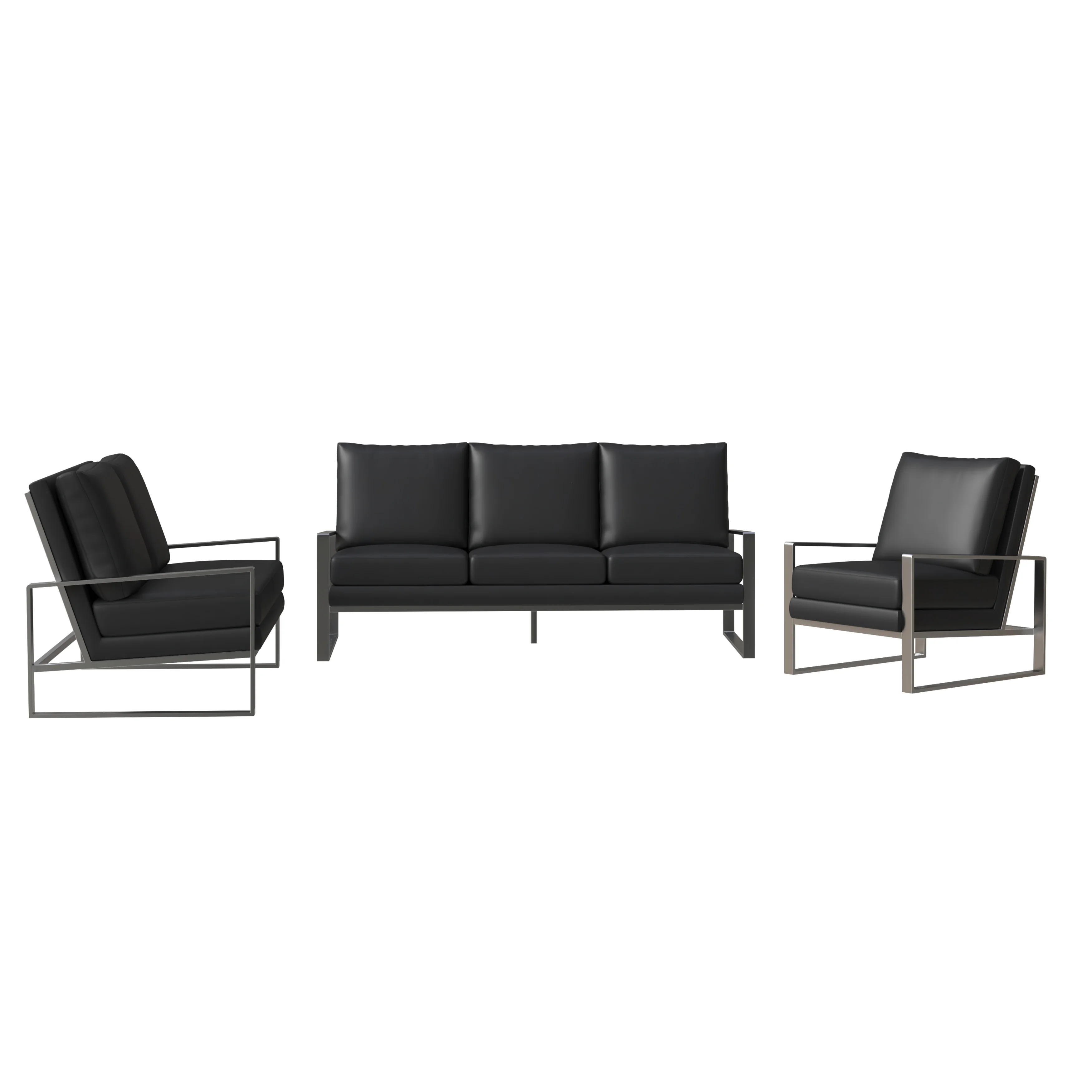 Jefferson Leather 3-Piece Living Room Sofa Set With Elegant Silver Frame Black