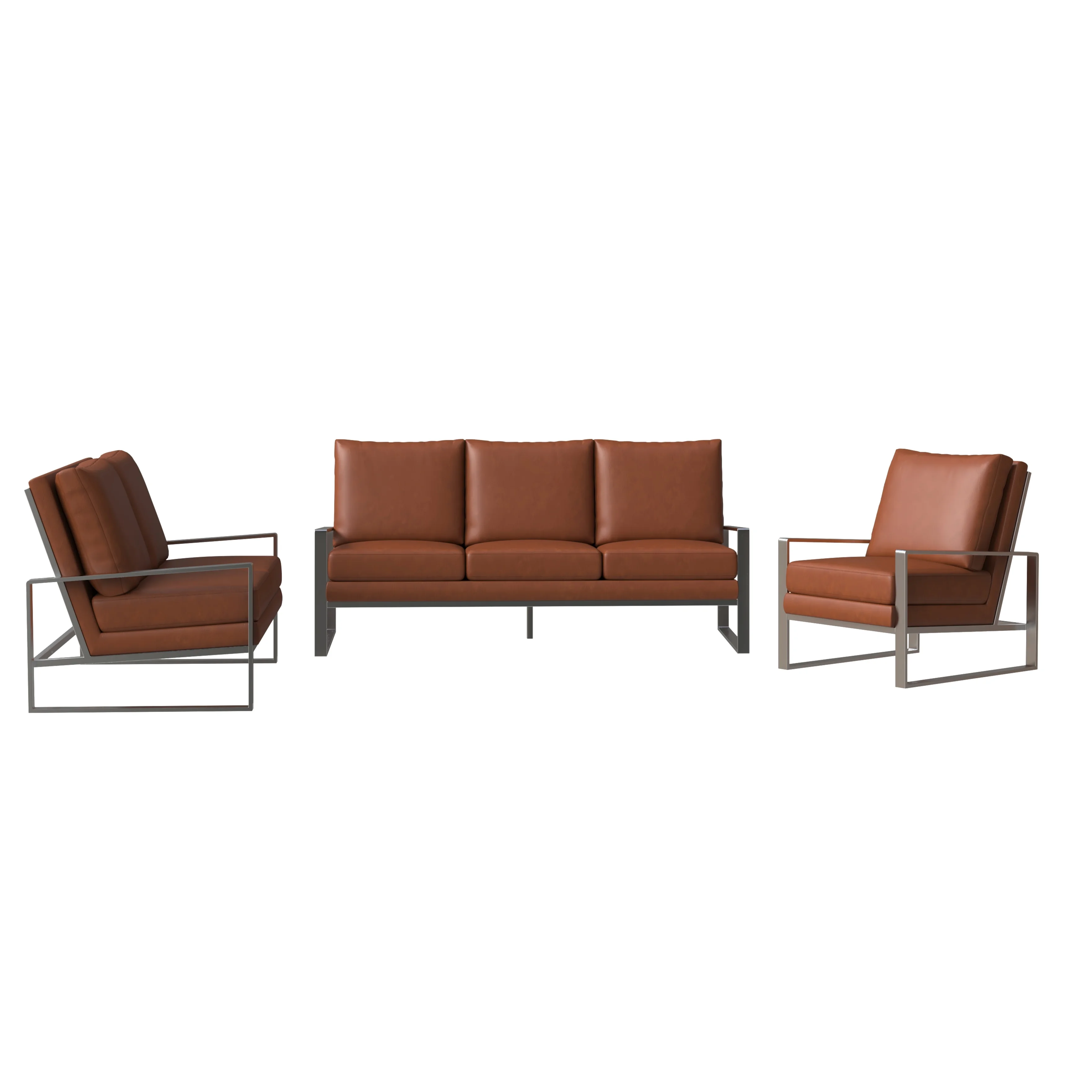 Jefferson Leather 3-Piece Living Room Sofa Set With Elegant Silver Frame Cognac Tan