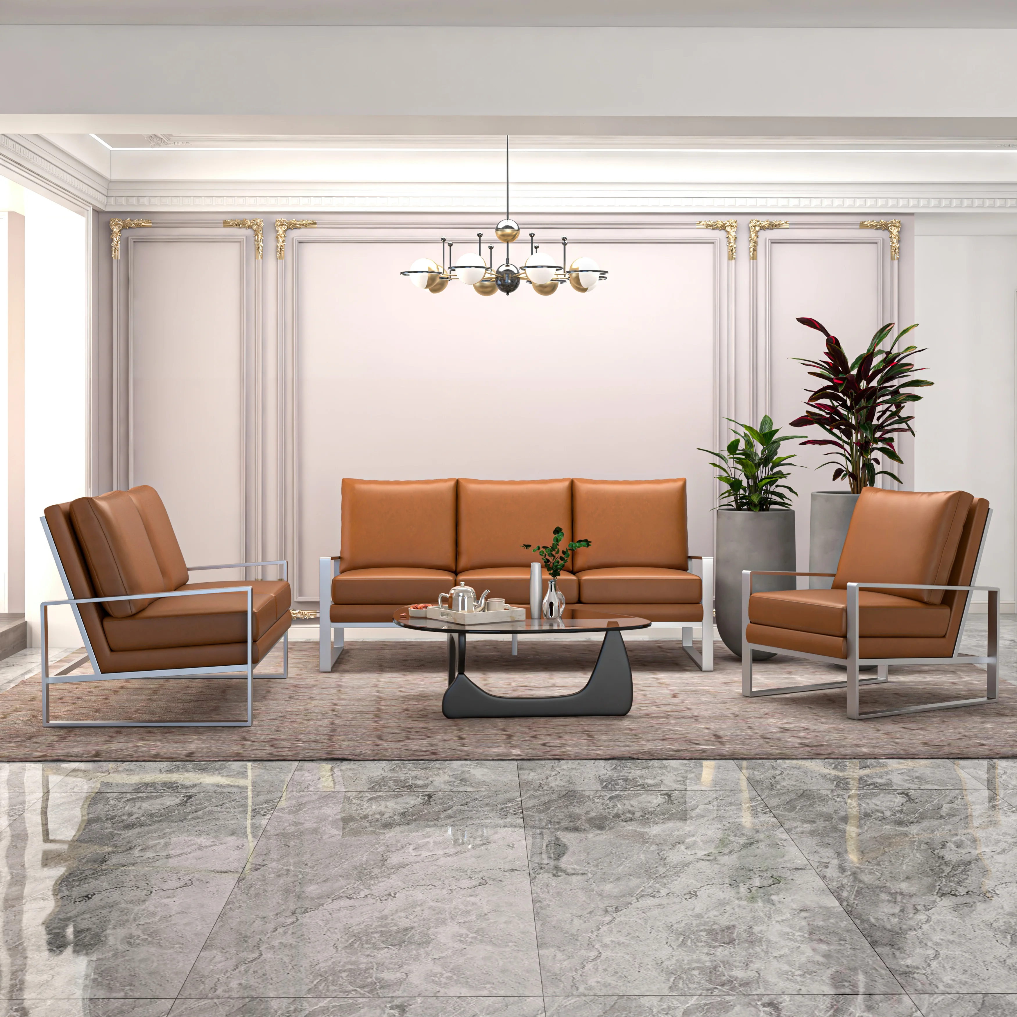 Jefferson Leather 3-Piece Living Room Sofa Set With Elegant Silver Frame Cognac Tan