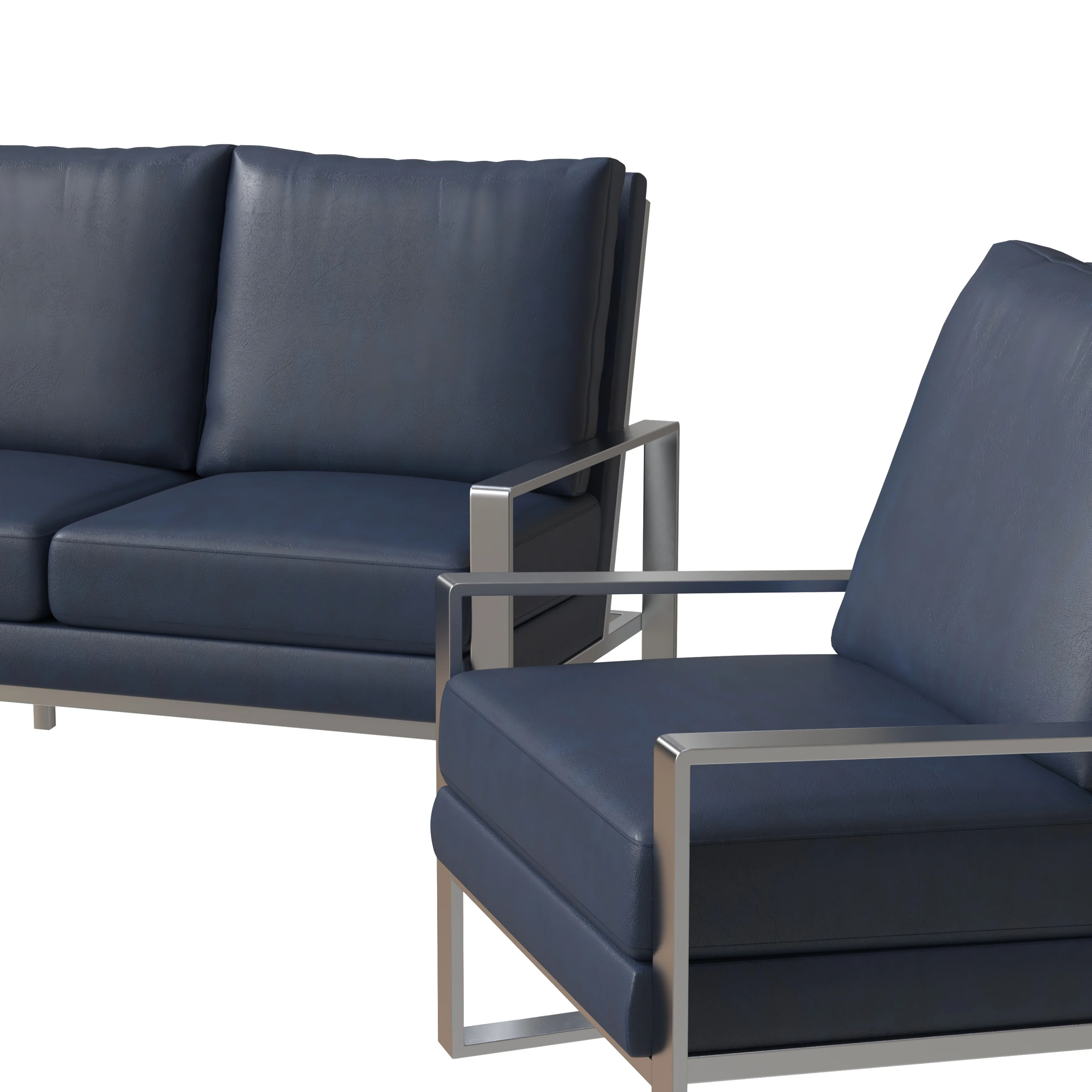 Jefferson Leather 3-Piece Living Room Sofa Set With Elegant Silver Frame Navy Blue