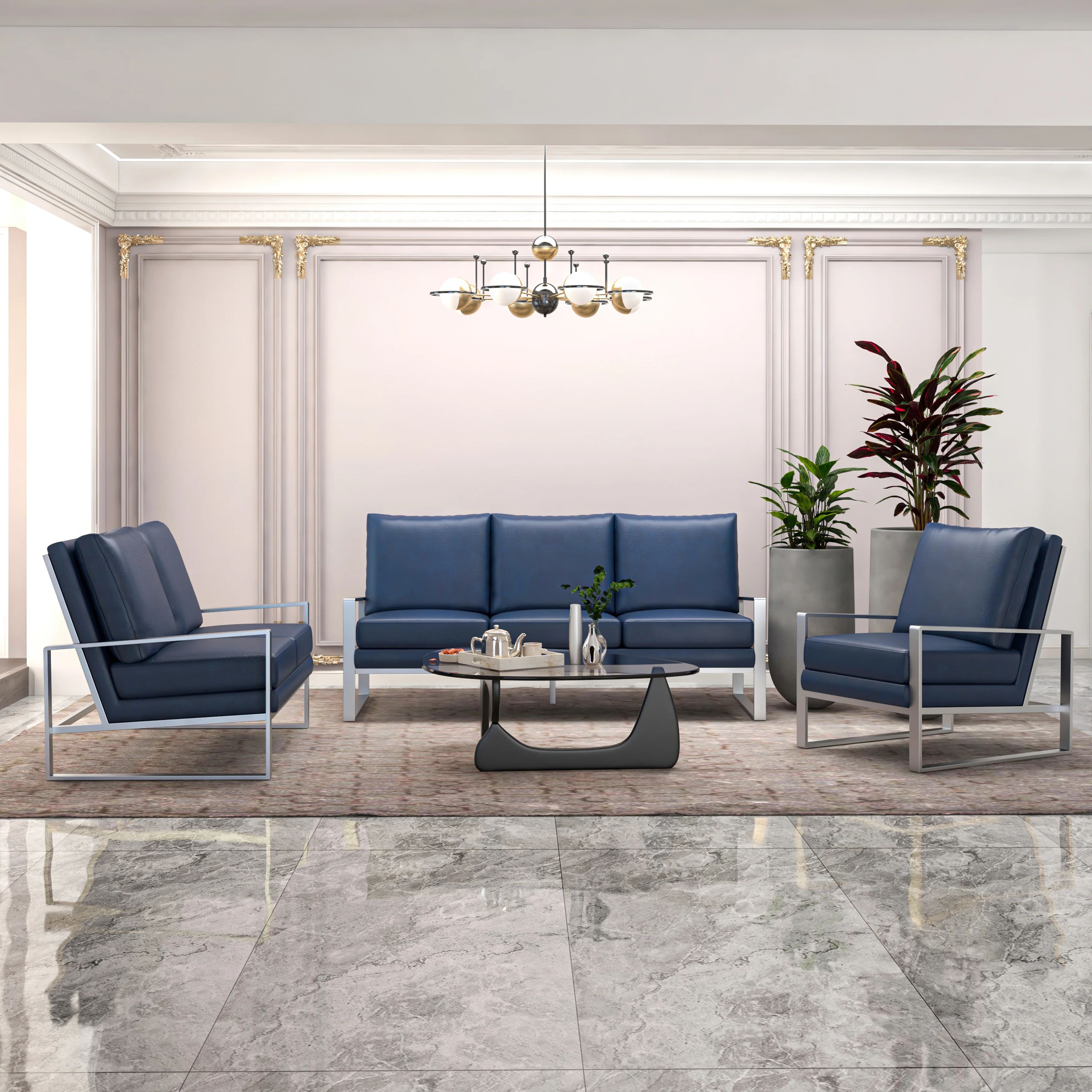 Jefferson Leather 3-Piece Living Room Sofa Set With Elegant Silver Frame Navy Blue