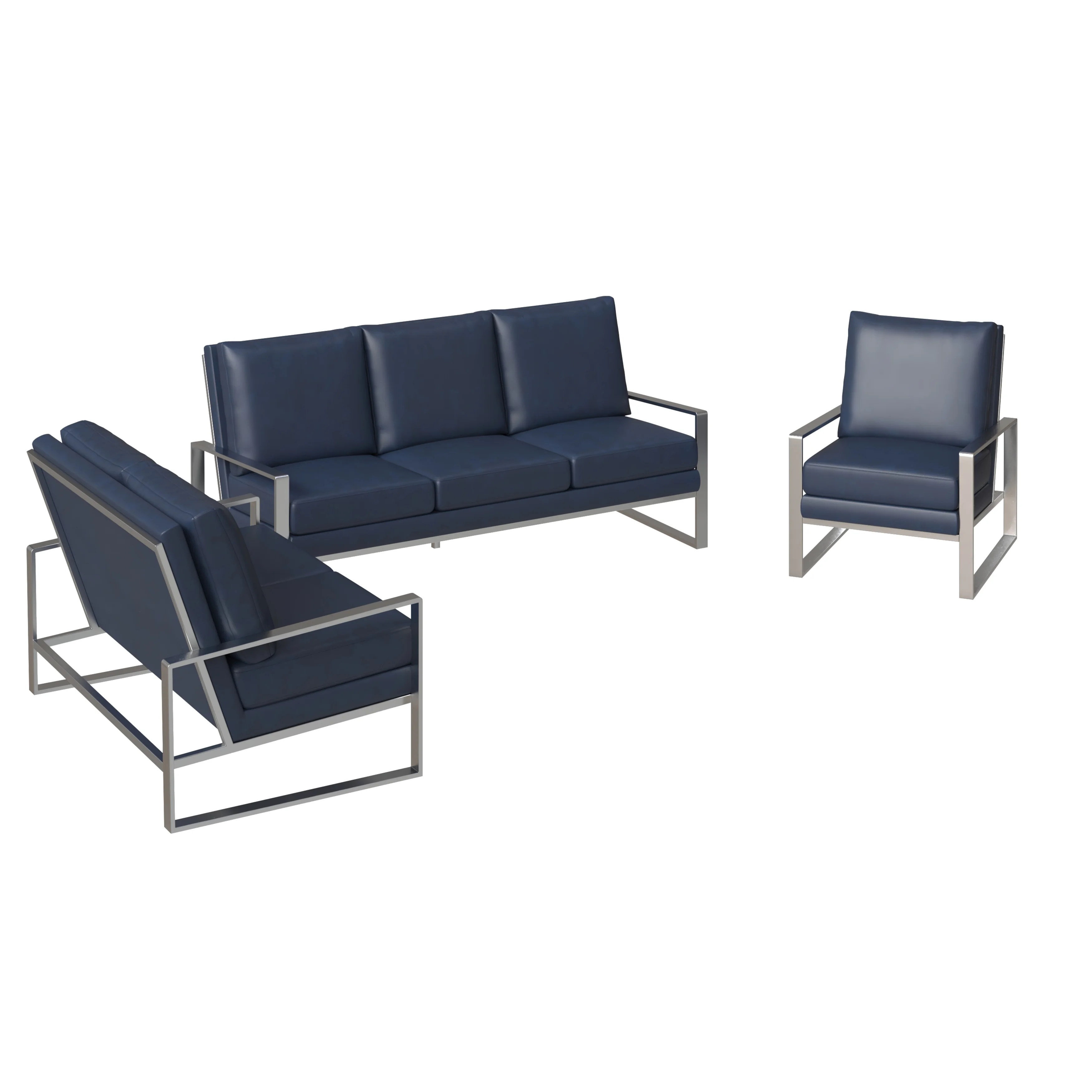 Jefferson Leather 3-Piece Living Room Sofa Set With Elegant Silver Frame Navy Blue