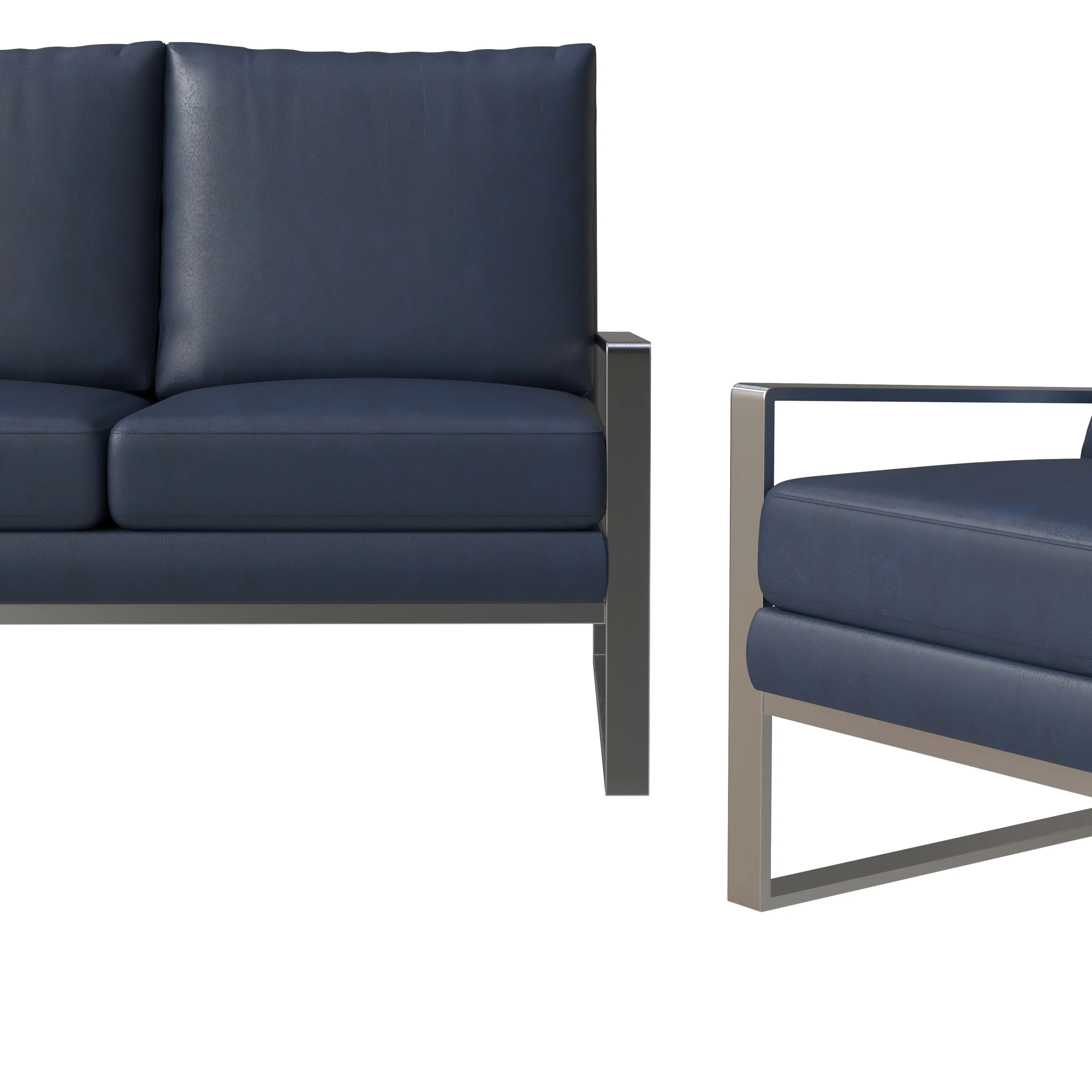 Jefferson Leather 3-Piece Living Room Sofa Set With Elegant Silver Frame Navy Blue