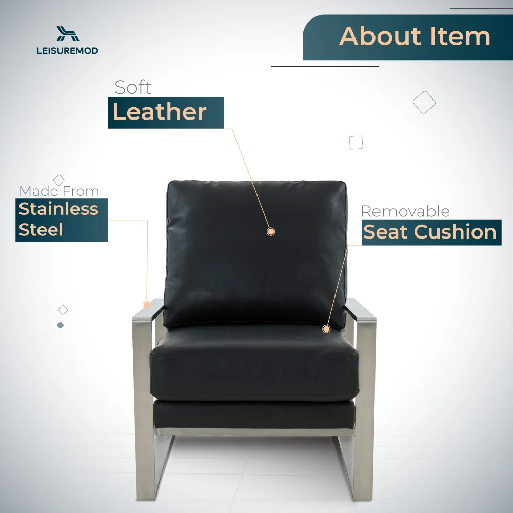 Jefferson Leather Modern Design Accent Armchair With Elegant Silver Frame