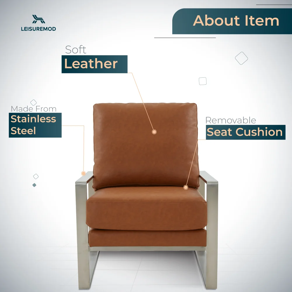 Jefferson Leather Modern Design Accent Armchair With Elegant Silver Frame