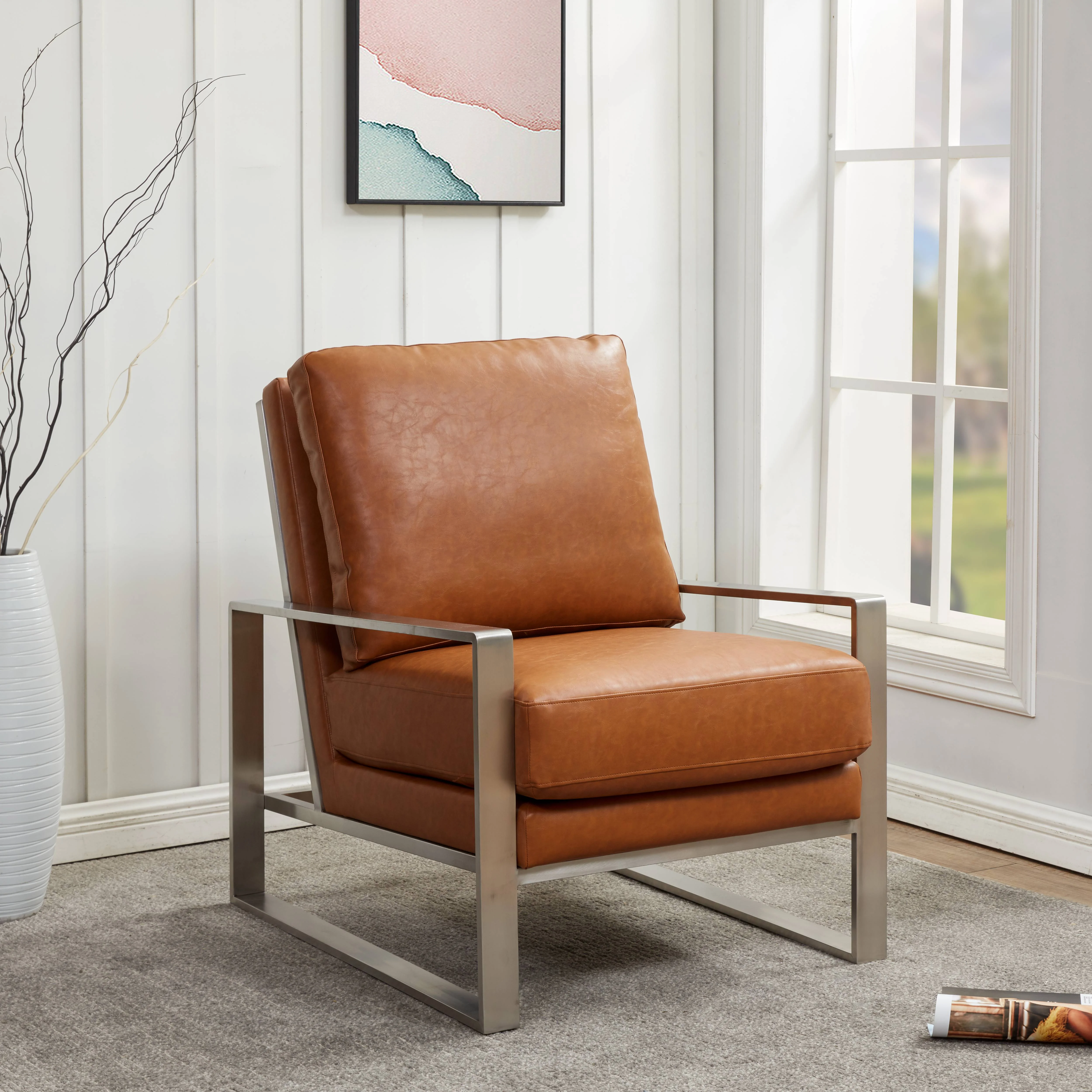Jefferson Leather Modern Design Accent Armchair With Elegant Silver Frame