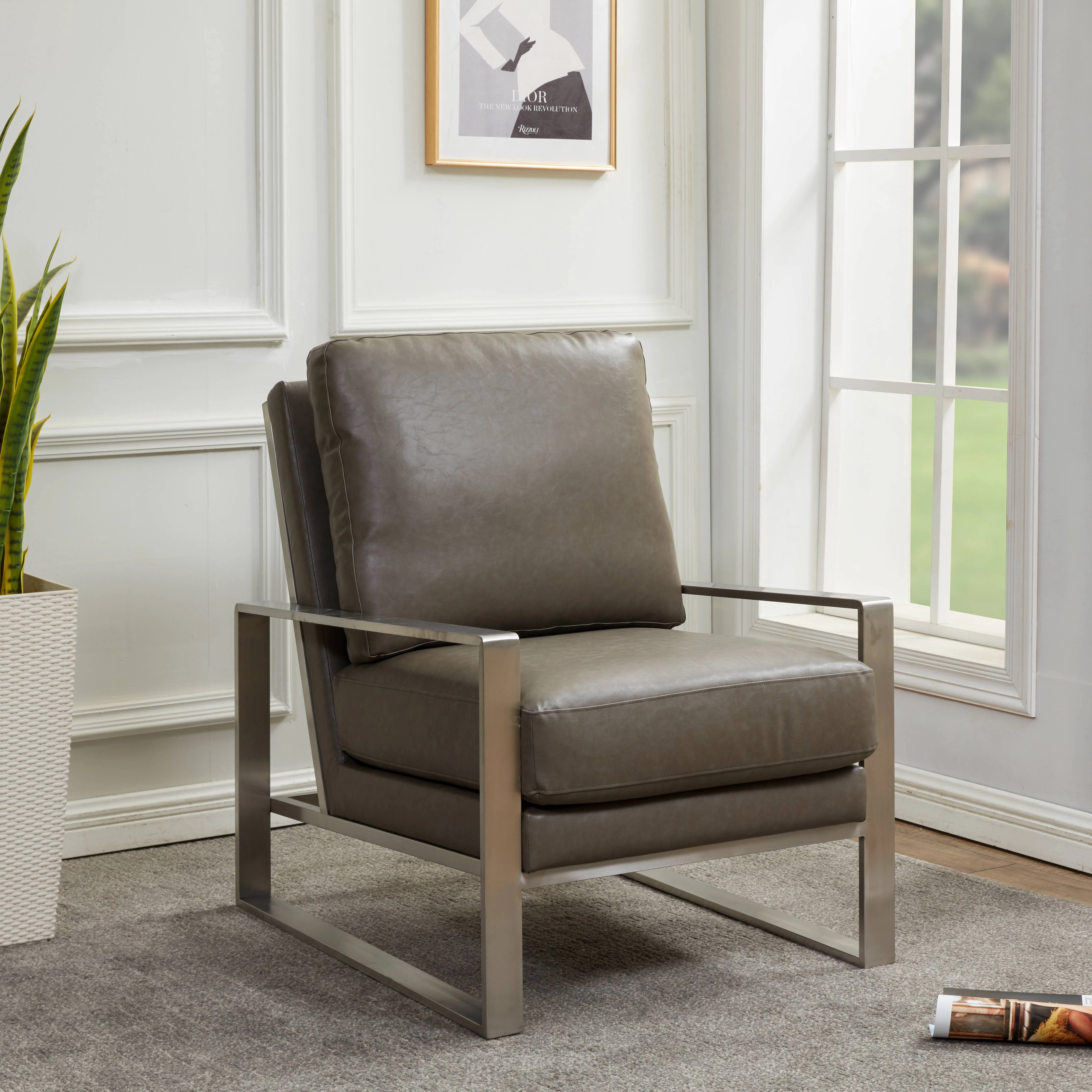 Jefferson Leather Modern Design Accent Armchair With Elegant Silver Frame