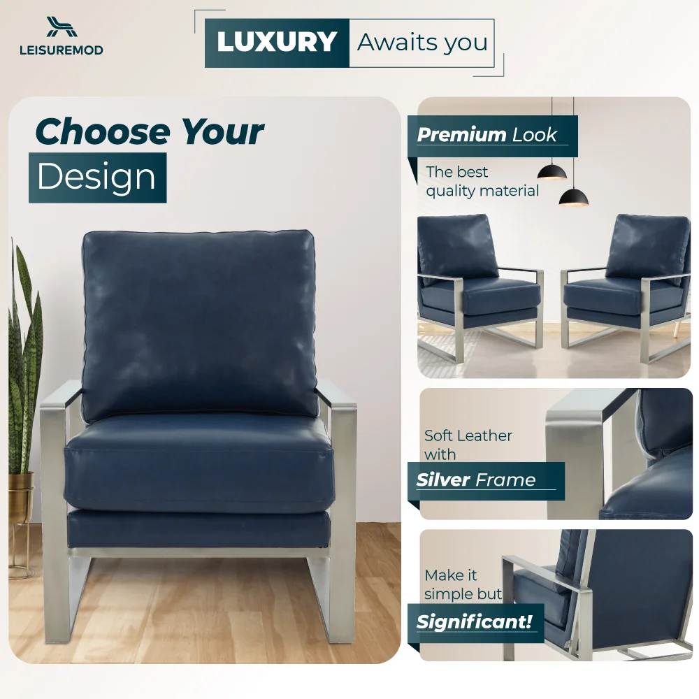 Jefferson Leather Modern Design Accent Armchair With Elegant Silver Frame