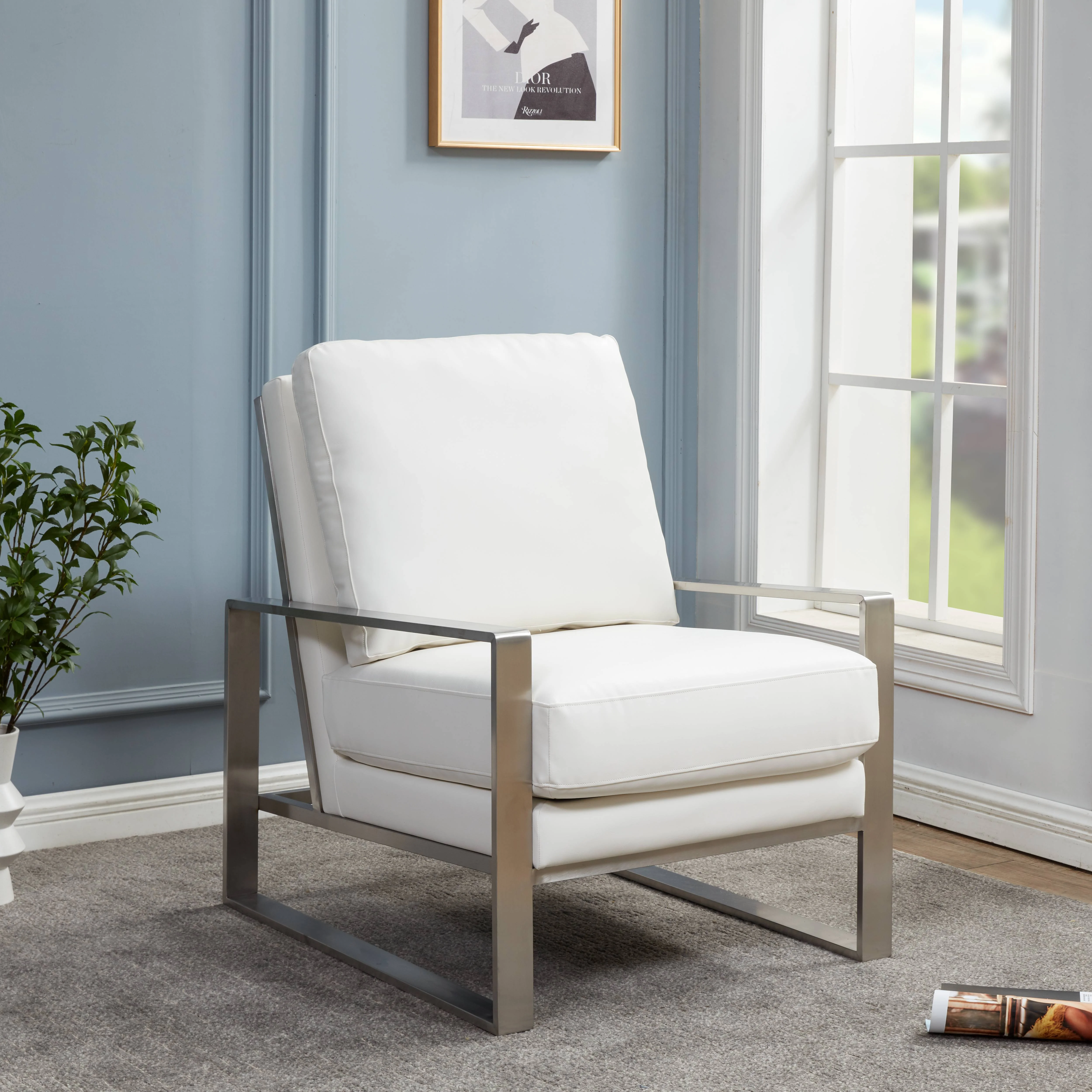 Jefferson Leather Modern Design Accent Armchair With Elegant Silver Frame