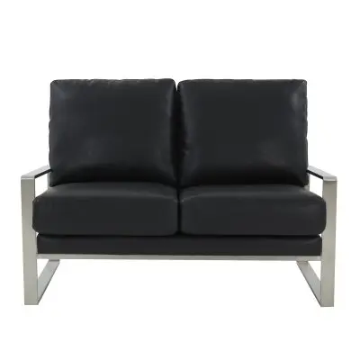Jefferson Contemporary Modern Faux Leather Loveseat With Silver Frame