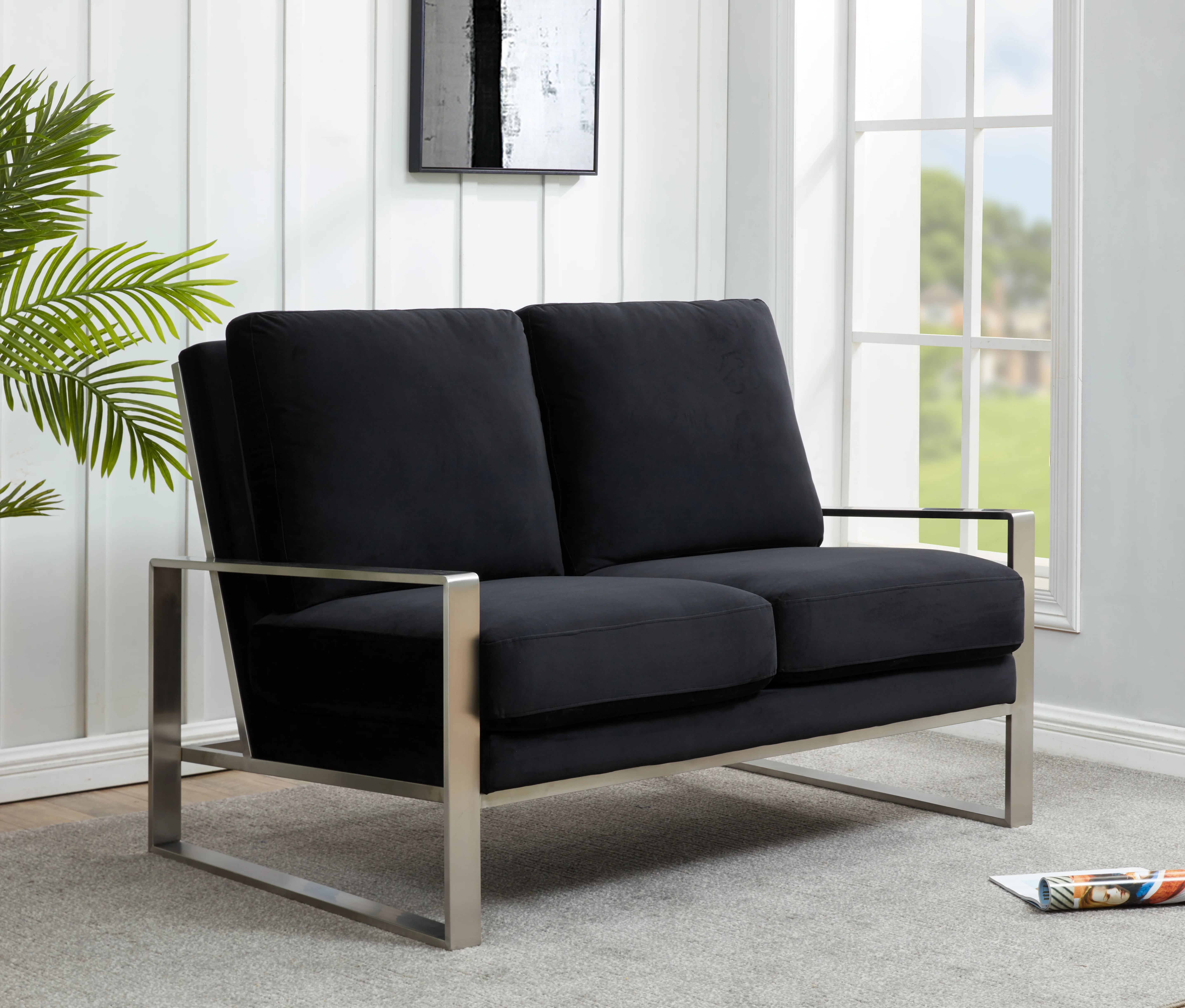 Jefferson Contemporary Modern Velvet Loveseat With Silver Frame